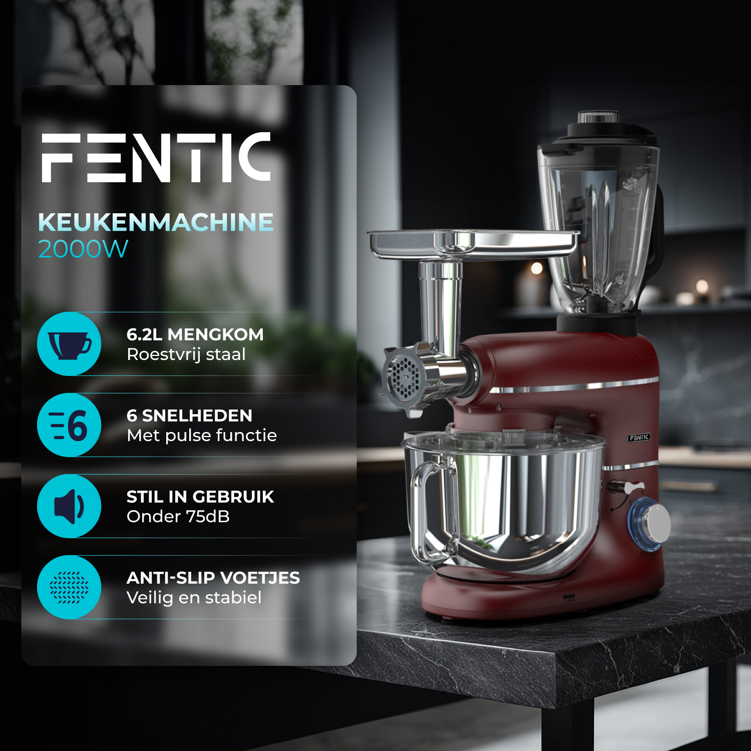 Red kitchen machine with blender and meat grinder attachments on marble table. Specs listed.