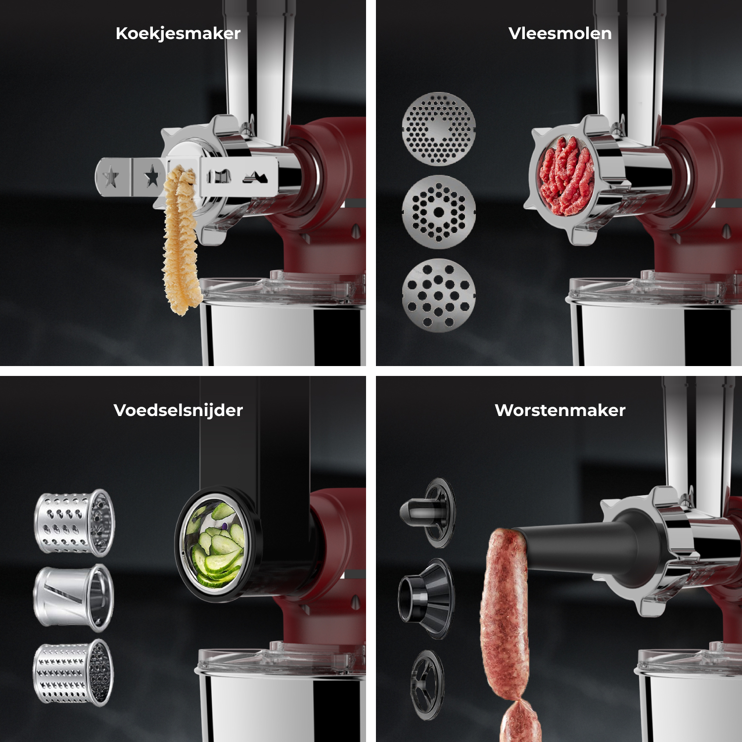 A food processor attachment makes cookies, grinds meat, slices vegetables, and stuffs sausage.