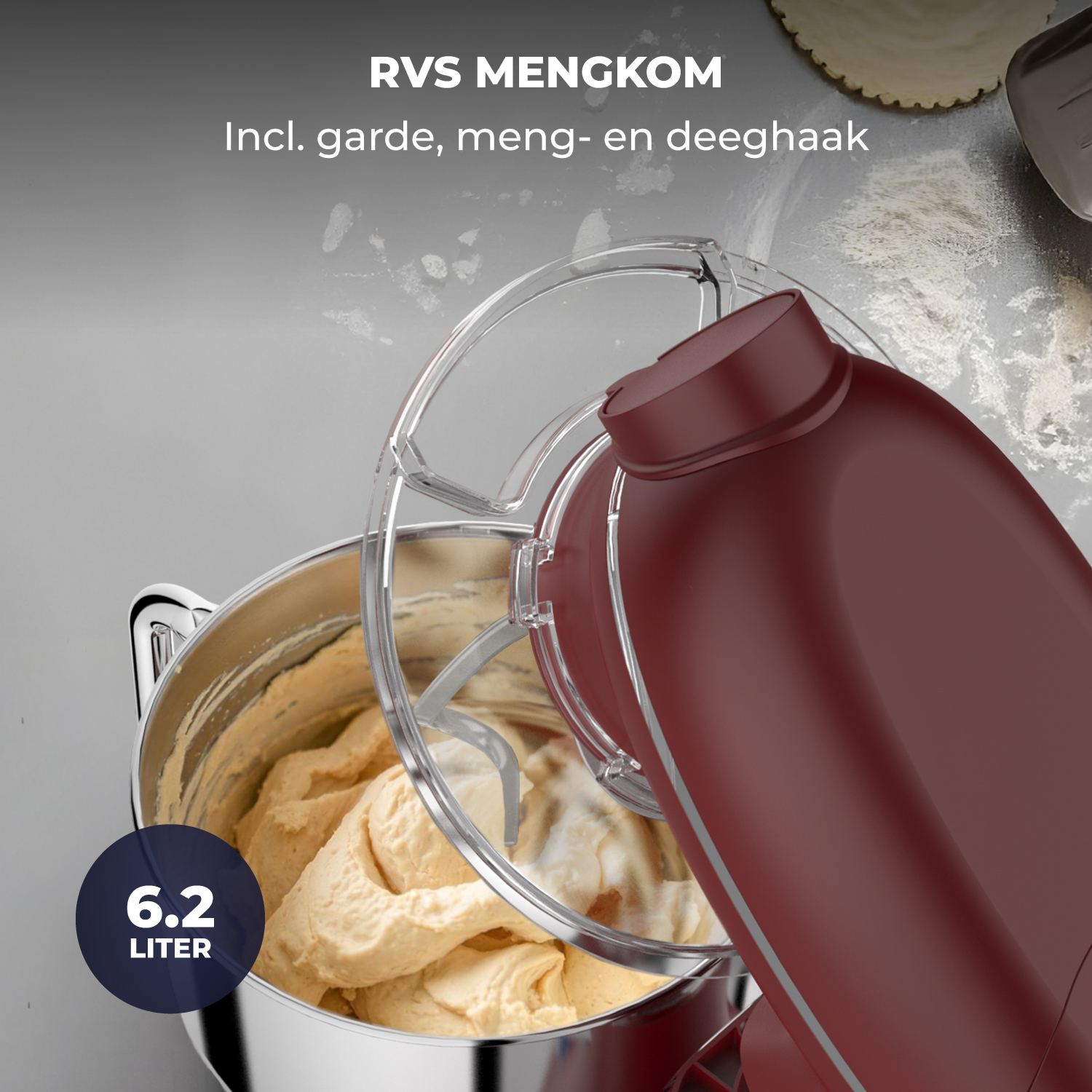 A burgundy stand mixer with a 6.2L bowl filled with dough.