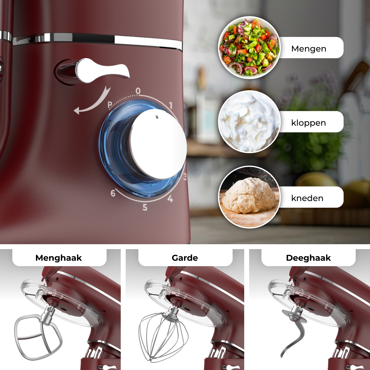 A red stand mixer shown with attachments and food: salad, cream, dough.