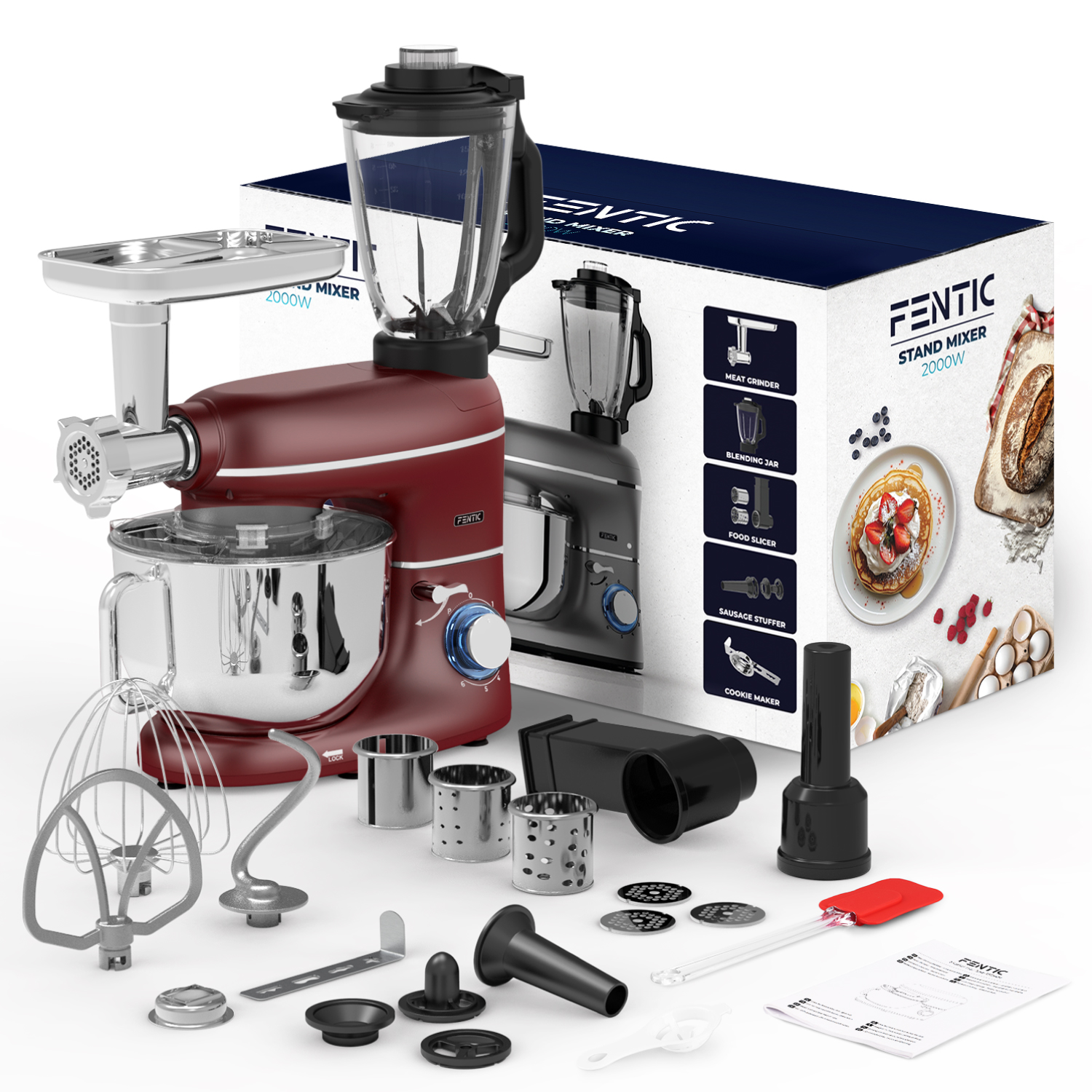 A red and a grey stand mixer set with accessories, including blender attachments and meat grinder.