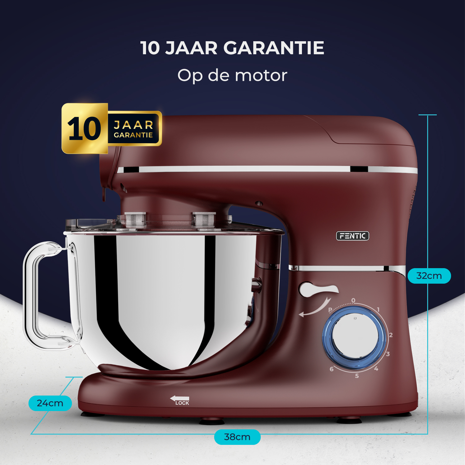 A red stand mixer with a stainless steel bowl and 10-year warranty.