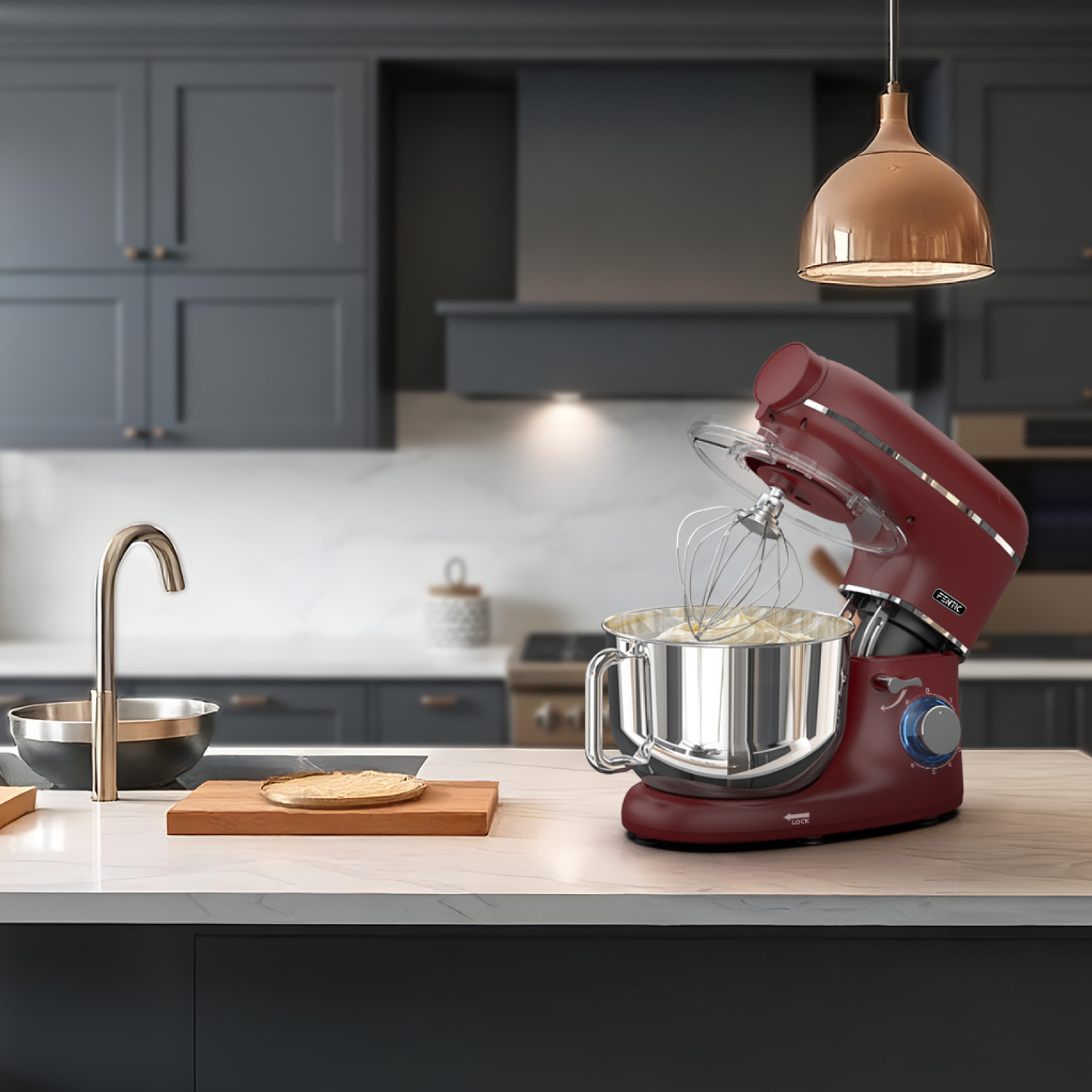 A red stand mixer with a mixing bowl on a marble countertop in a modern kitchen.