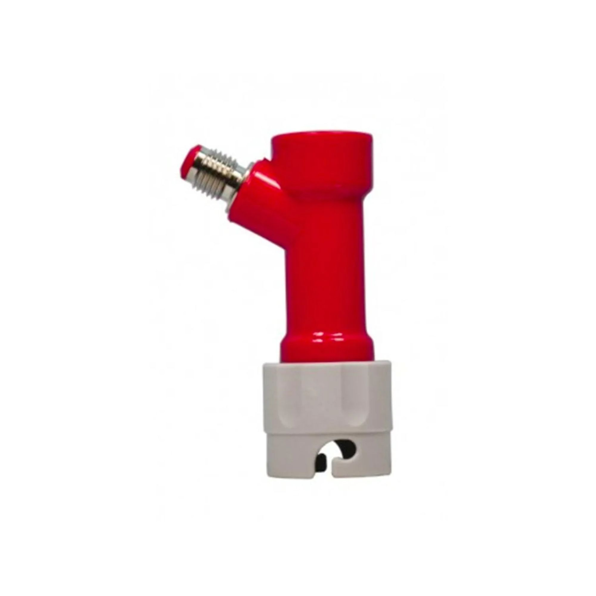 Un coupleur de fût rouge avec raccord fileté argenté et base blanche.