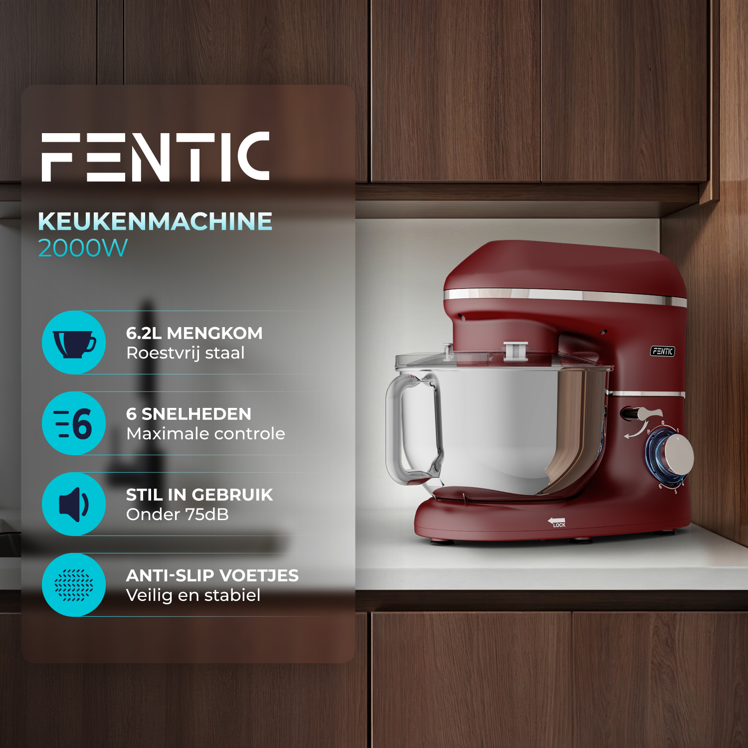Impastatrice rossa con ciotola inox da 6,2L, 6 velocità, silenziosa.