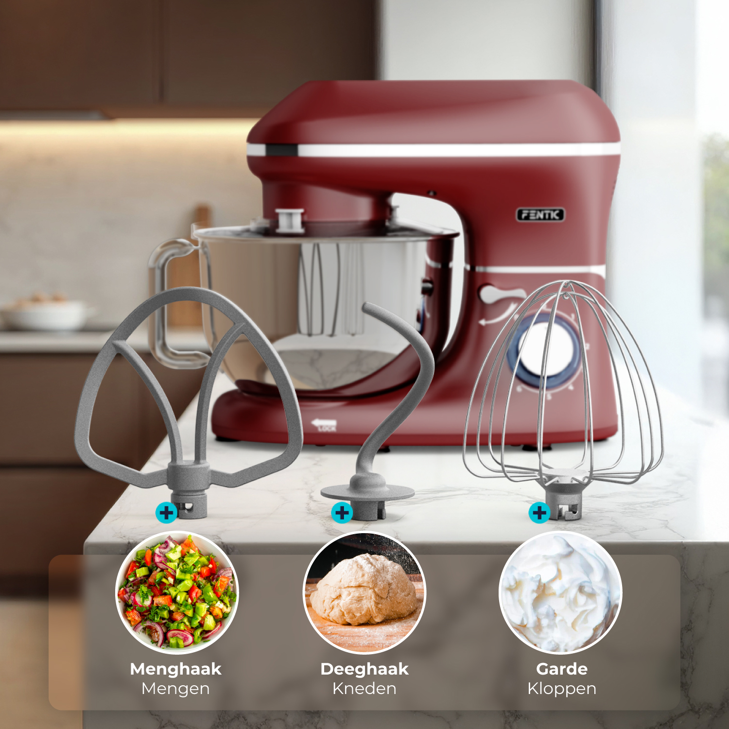 Un robot da cucina rosso con tre accessori: frusta piatta, gancio impastatore.