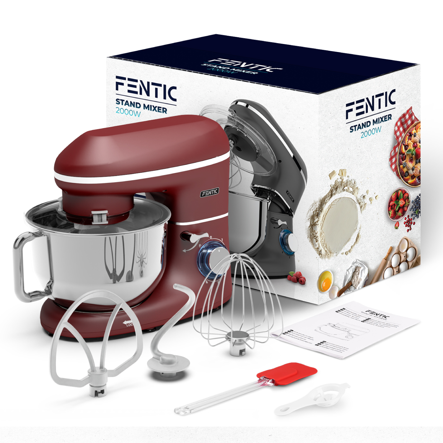 Red stand mixer with bowl, accessories, and box. Flour and fruit shown on the box.