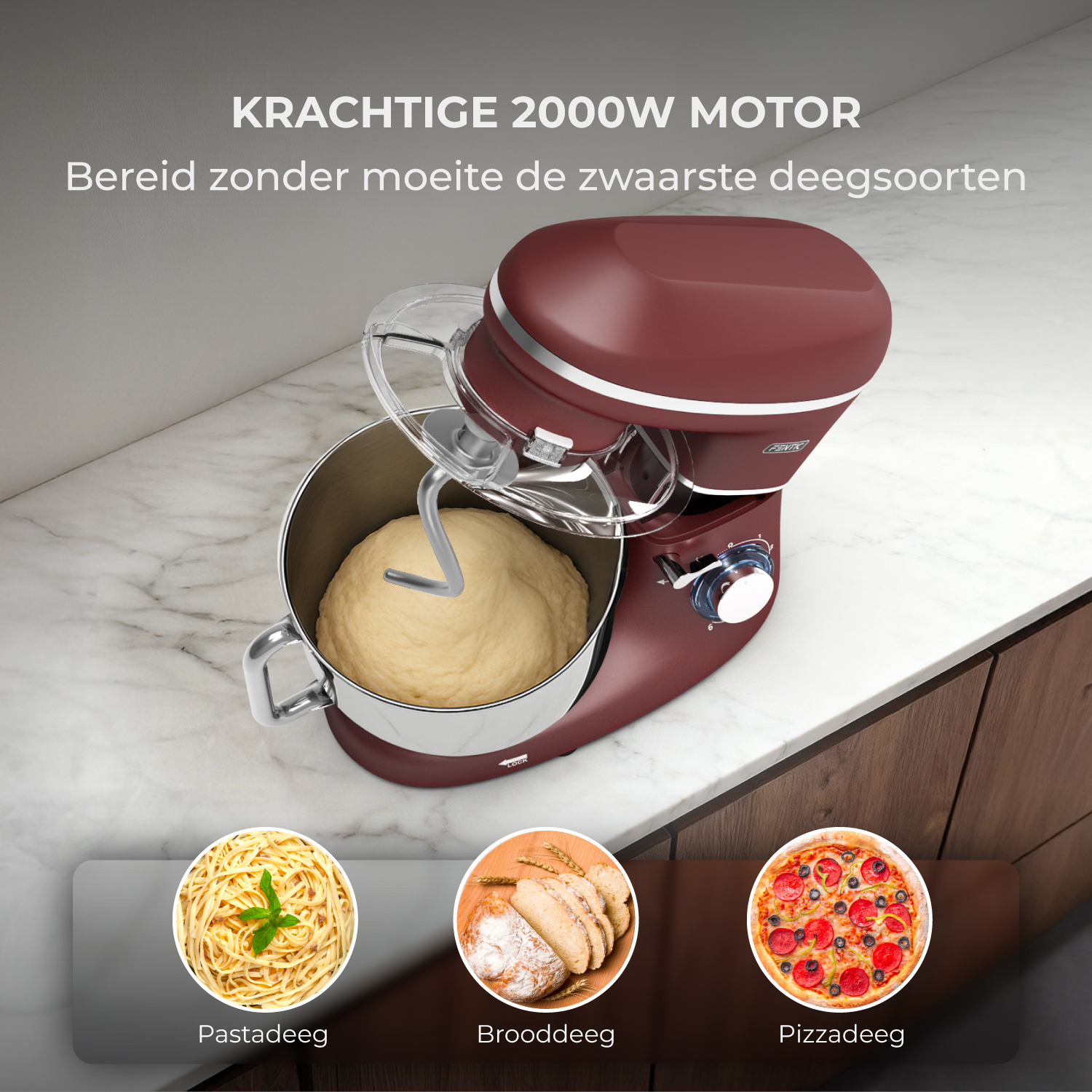 Impastatrice rossa con immagini di impasto, pasta, pane e pizza.
