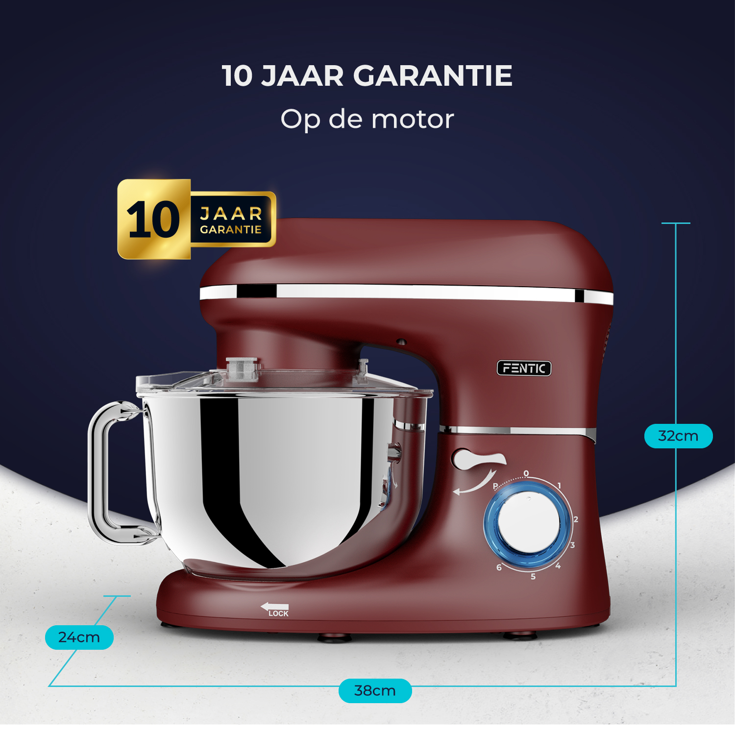 Impastatrice rossa con ciotola in acciaio inox, garanzia 10 anni.