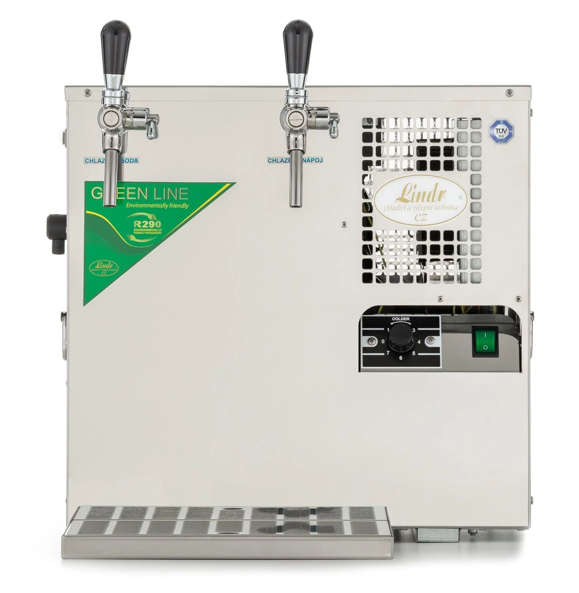 Stainless steel beer dispenser with two taps, temperature control, and power switch.