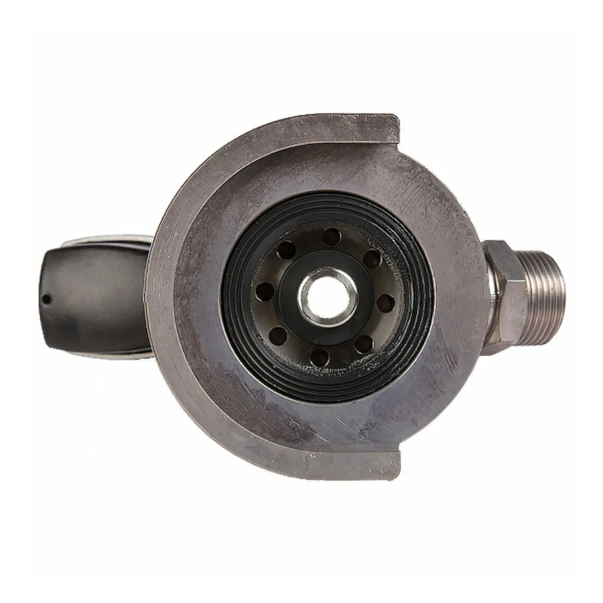 A gray metal adapter with a black handle and threaded connection.
