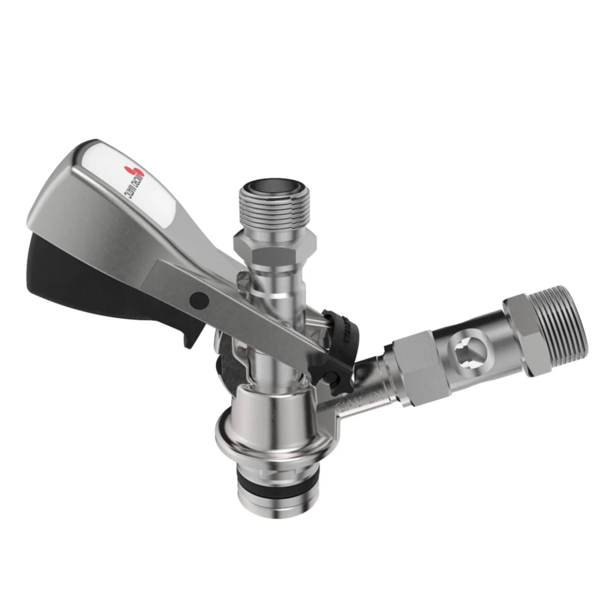 A silver beer tap with a black handle and a label that reads MICRO-MATIC.