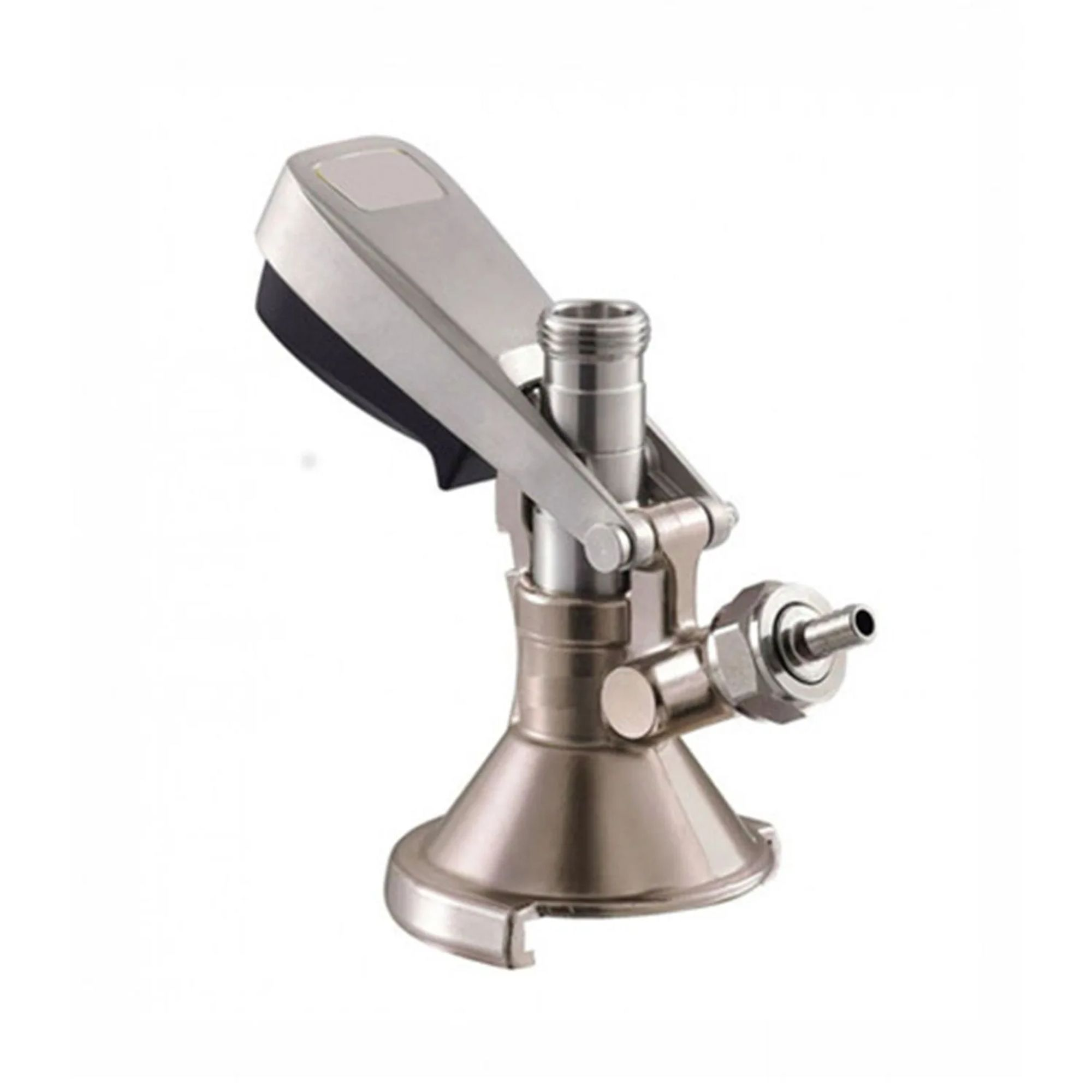 A metal beer tap with a handle and a hose connector.