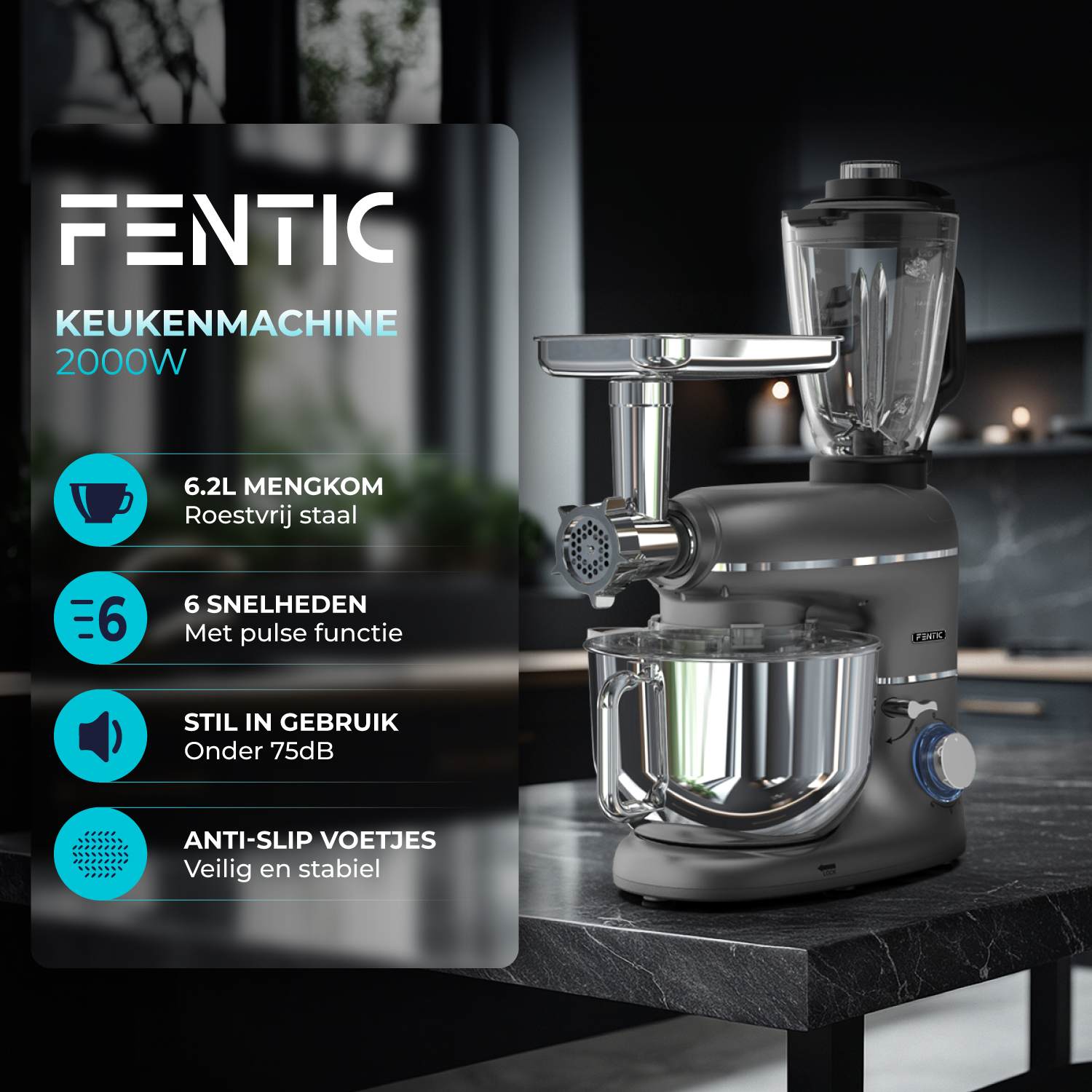 A dark FENTIC kitchen mixer with meat grinder and blender attachment on a marble table.