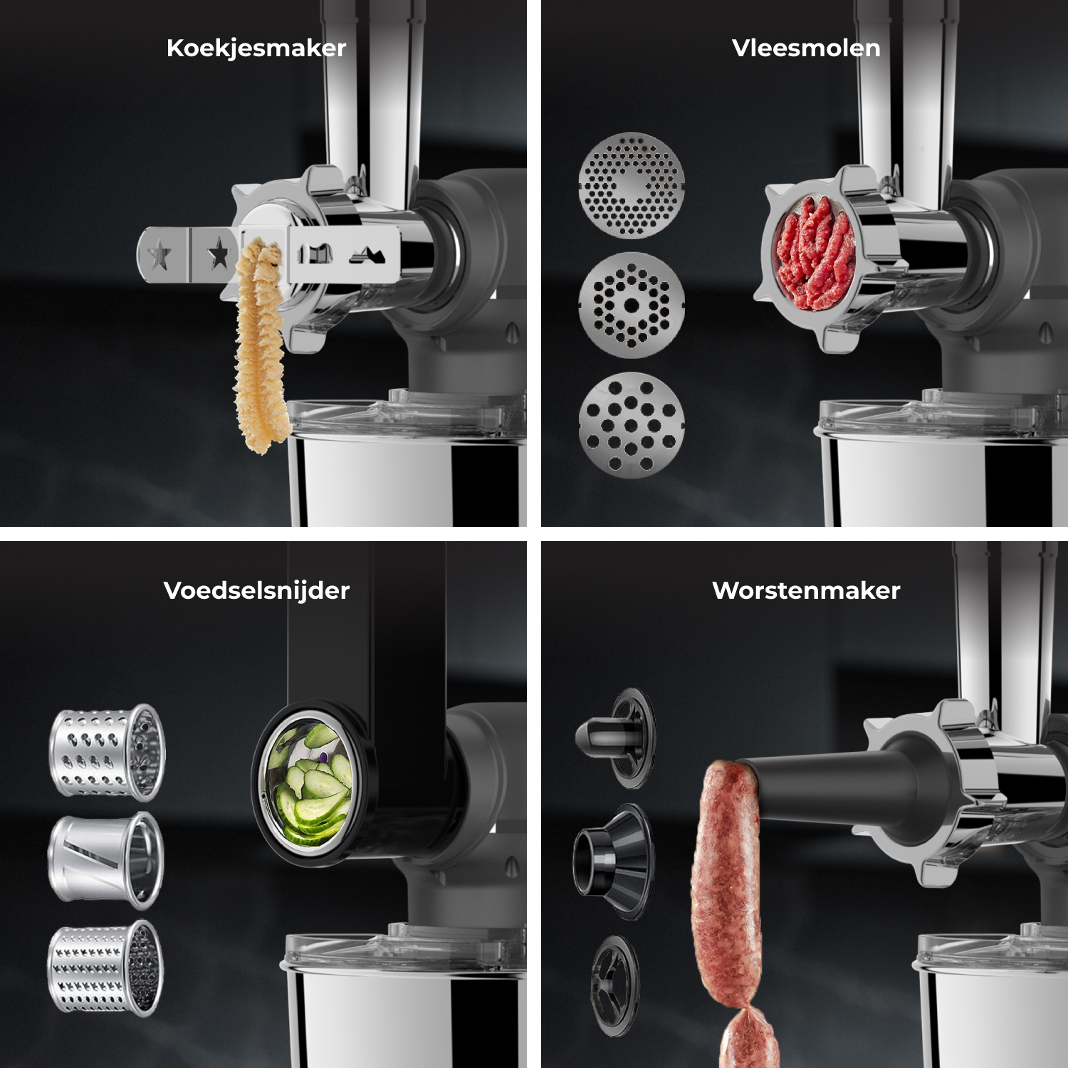 Four attachments for a food processor: cookie maker, meat grinder, slicer, and sausage stuffer.