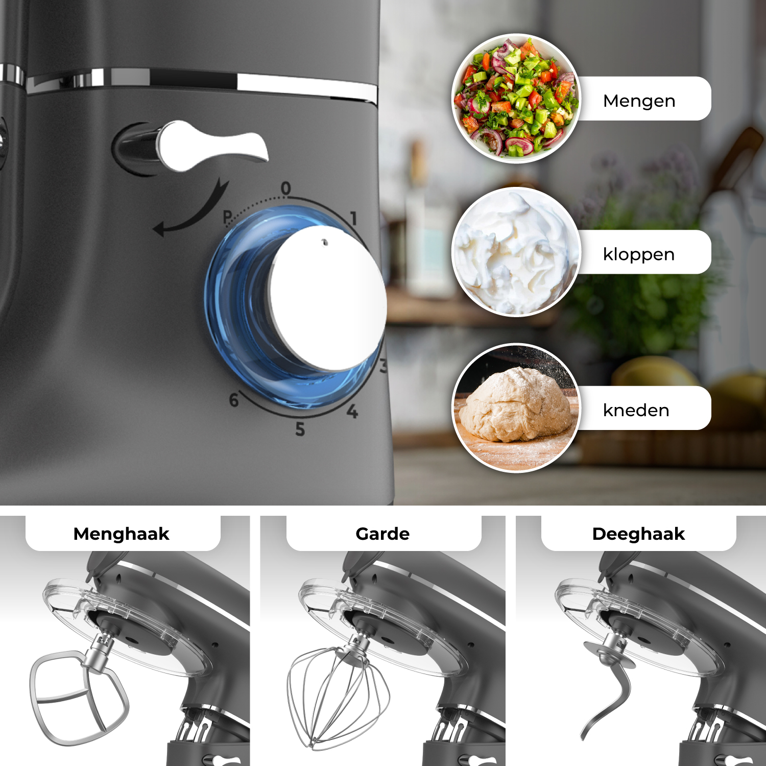 Kitchen mixer with attachments: mixing bowl, whisk, dough hook. Shows mixing, whipping, kneading.