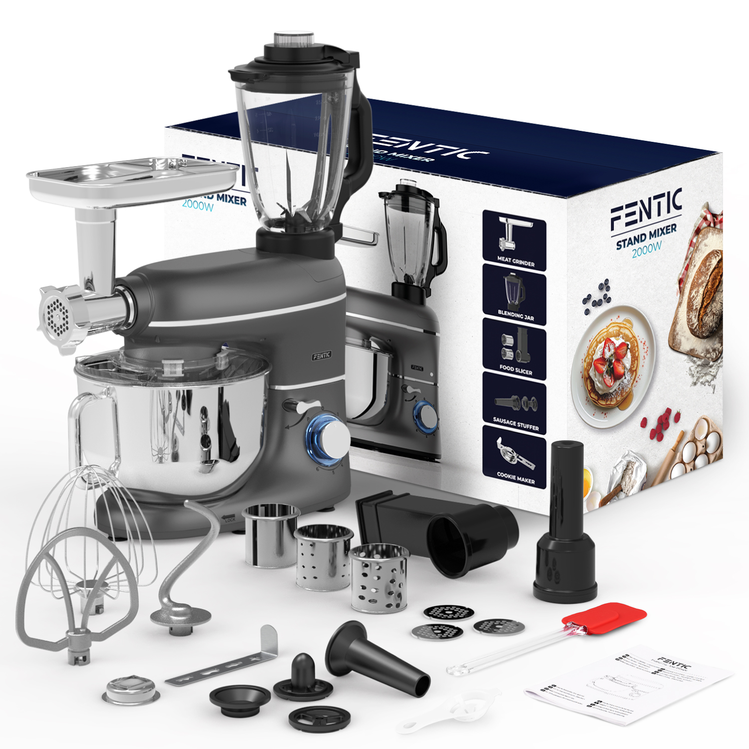 A gray stand mixer with attachments, including a meat grinder, blender, and whisk.
