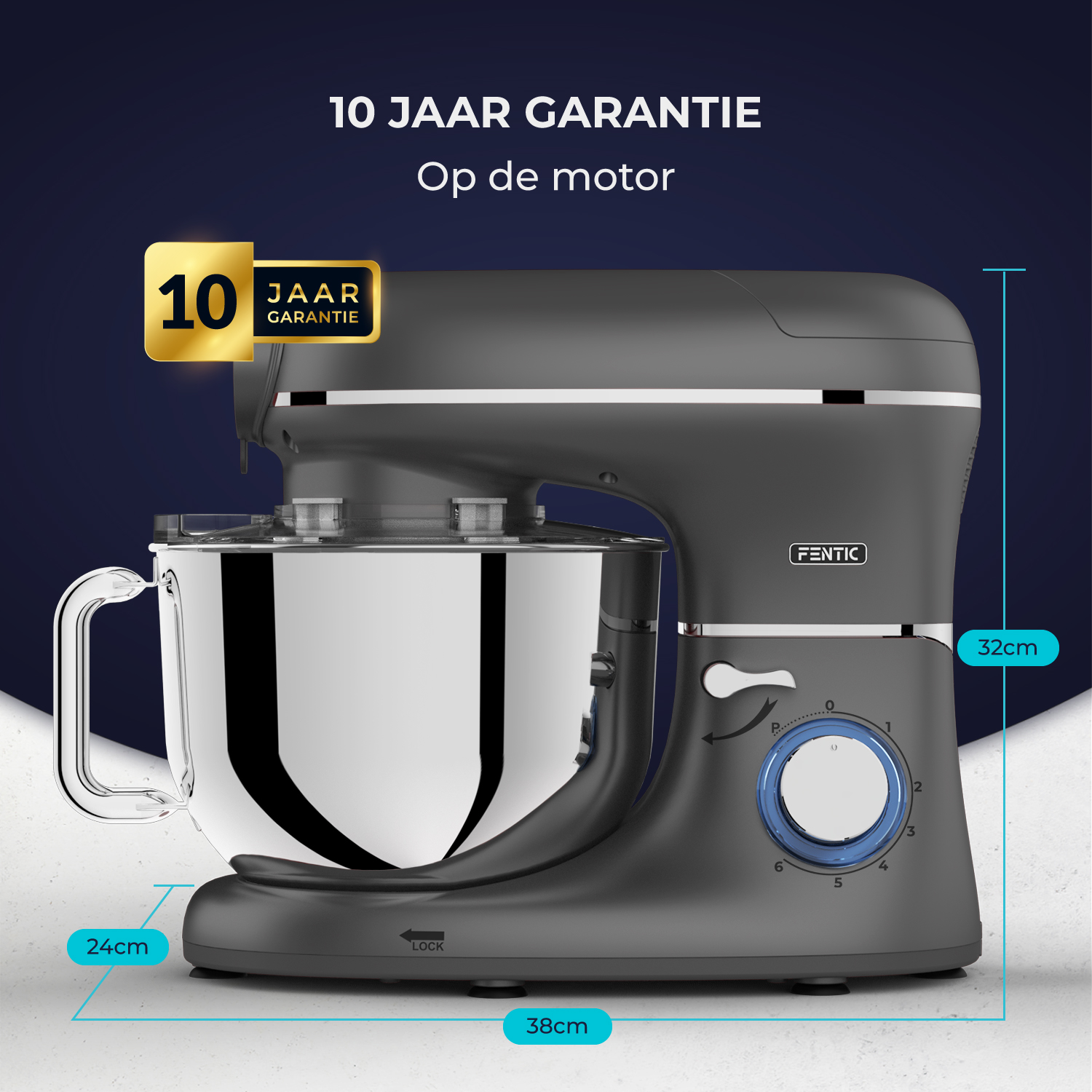 Dark grey stand mixer with stainless steel bowl, 10 year warranty.