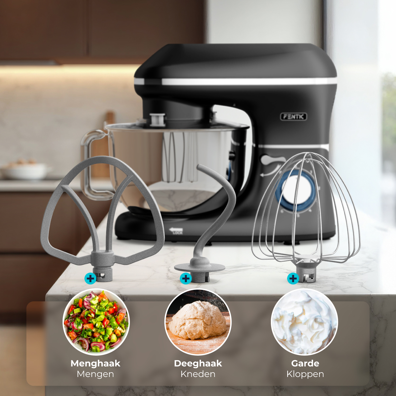Stand mixer with bowl and three attachments: flat beater, dough hook, whisk.