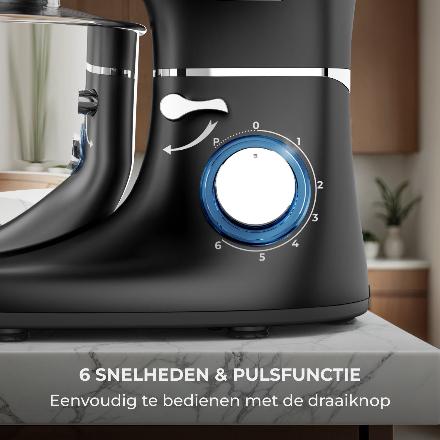 Black stand mixer with a dial for 6 speeds and pulse function.