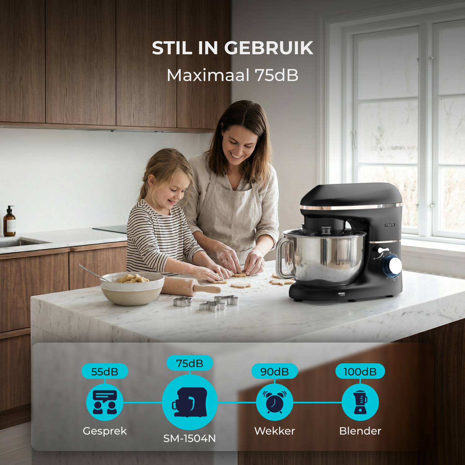 A woman and child bake cookies in a modern kitchen with a black stand mixer.