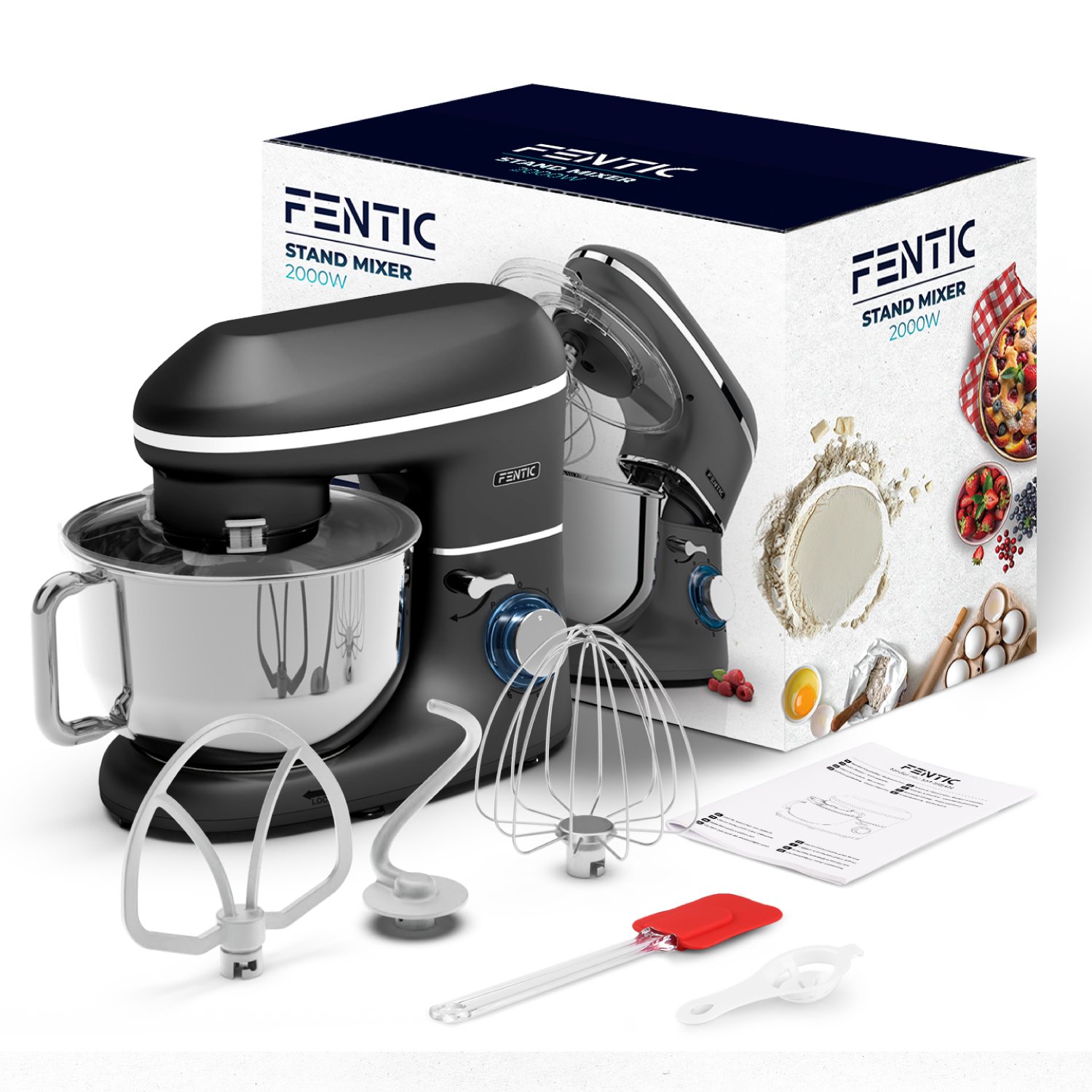 Black FENTIC stand mixer with stainless steel bowl and accessories. Box shows ingredients.
