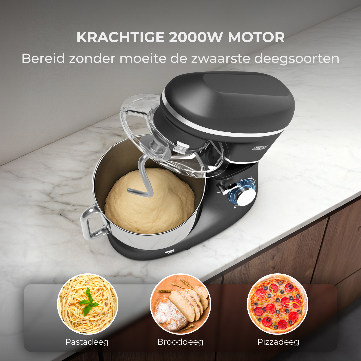 A black stand mixer with a dough bowl. Images of pasta, bread, and pizza are beside it.