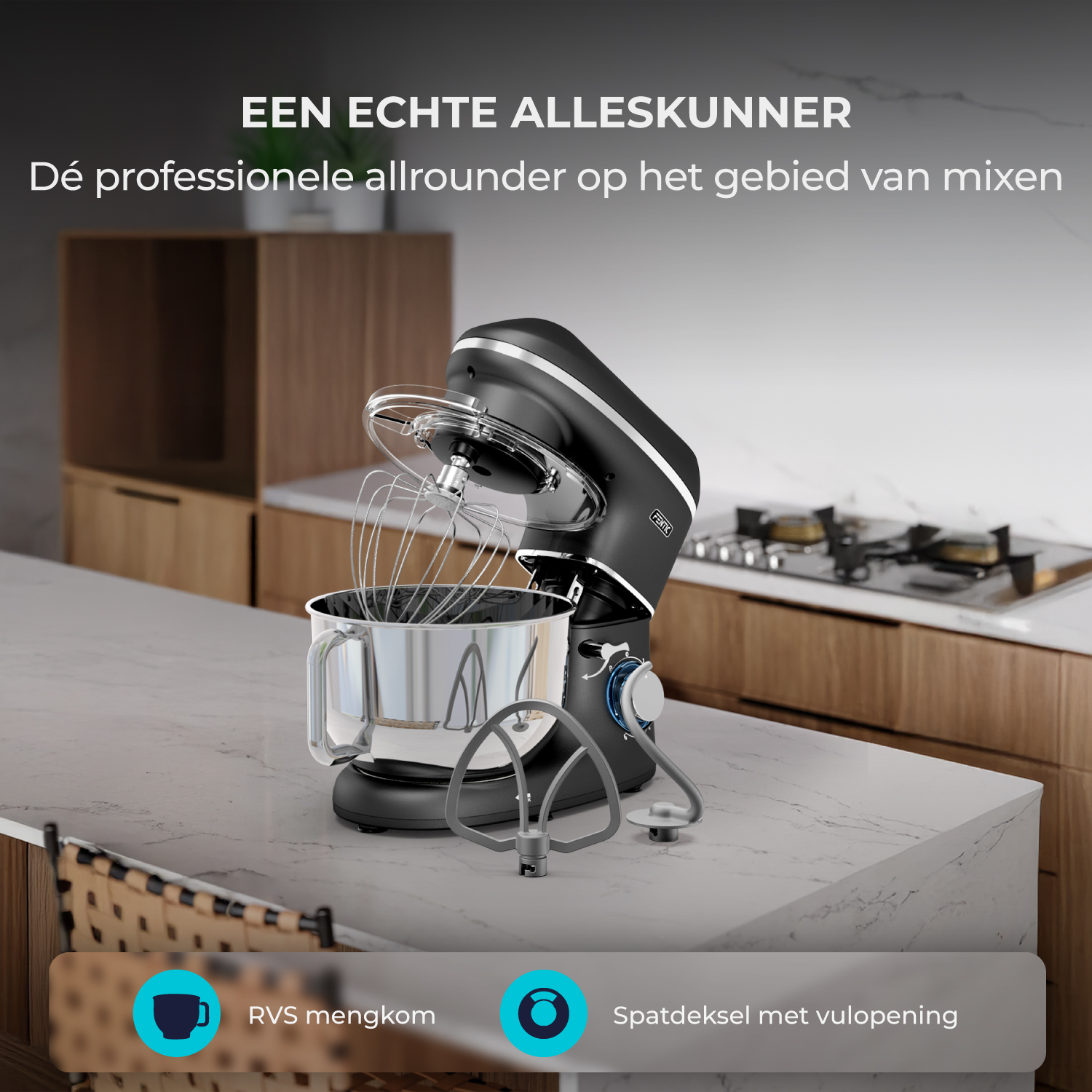 Black stand mixer with stainless steel bowl and whisk attachments on marble countertop.