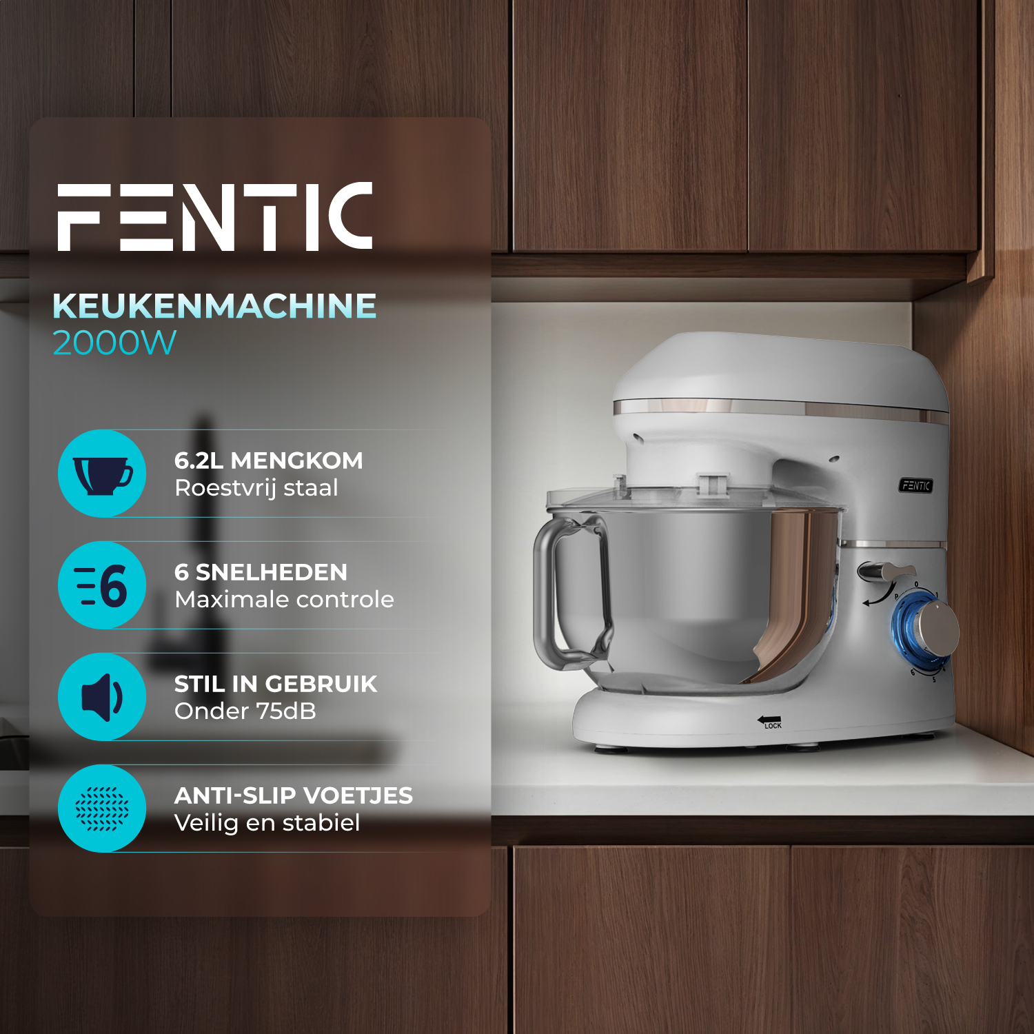 A white kitchen mixer with a stainless steel bowl, 6 speeds, and 2000W power.