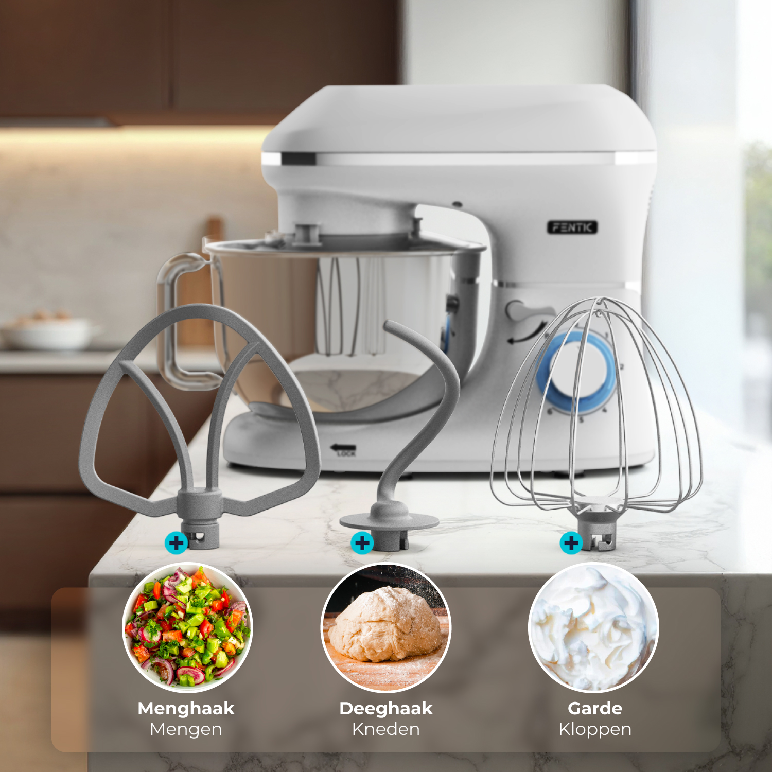 A white kitchen mixer with three attachments: flat beater, dough hook, and whisk.