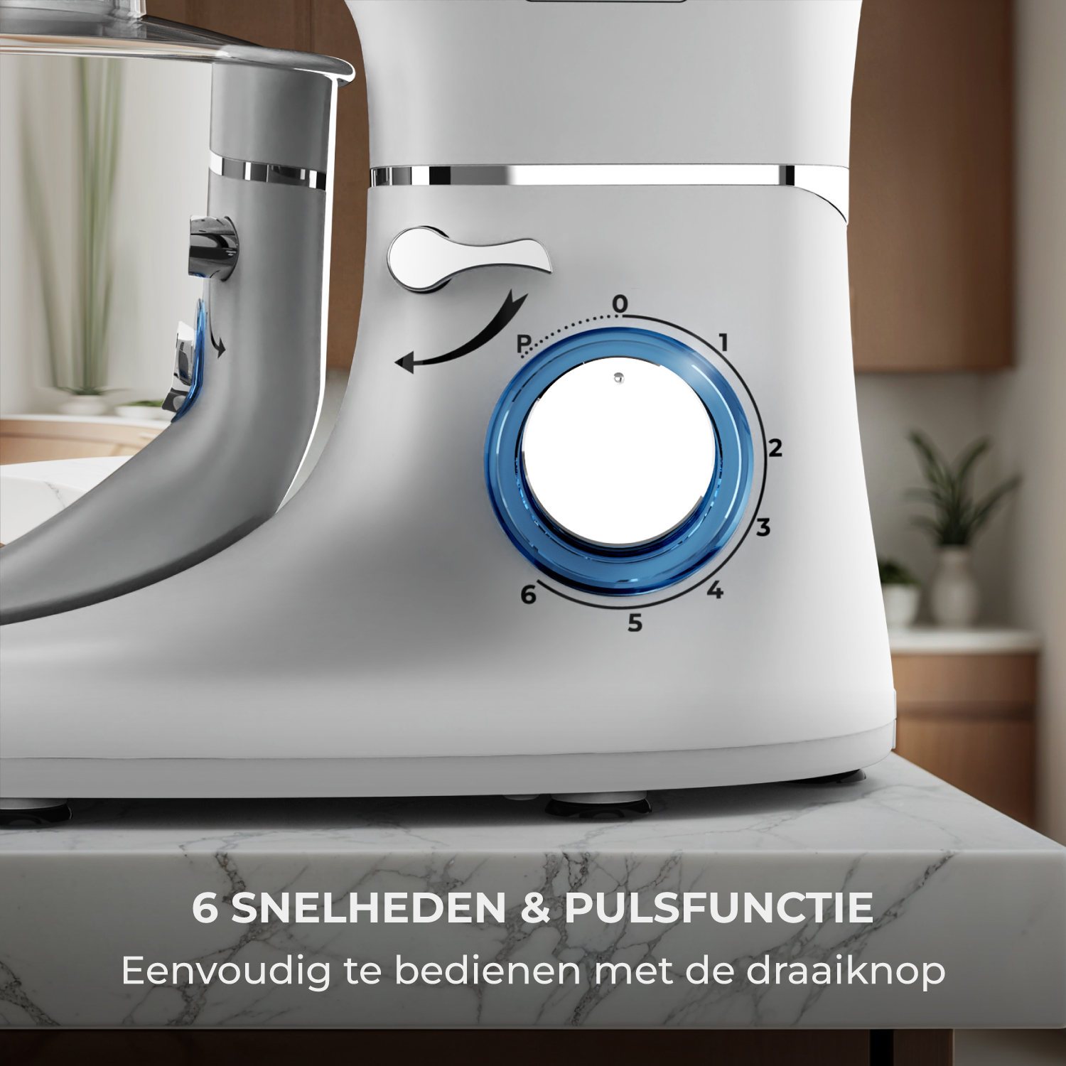 A white kitchen mixer with a blue illuminated dial for 6 speeds.