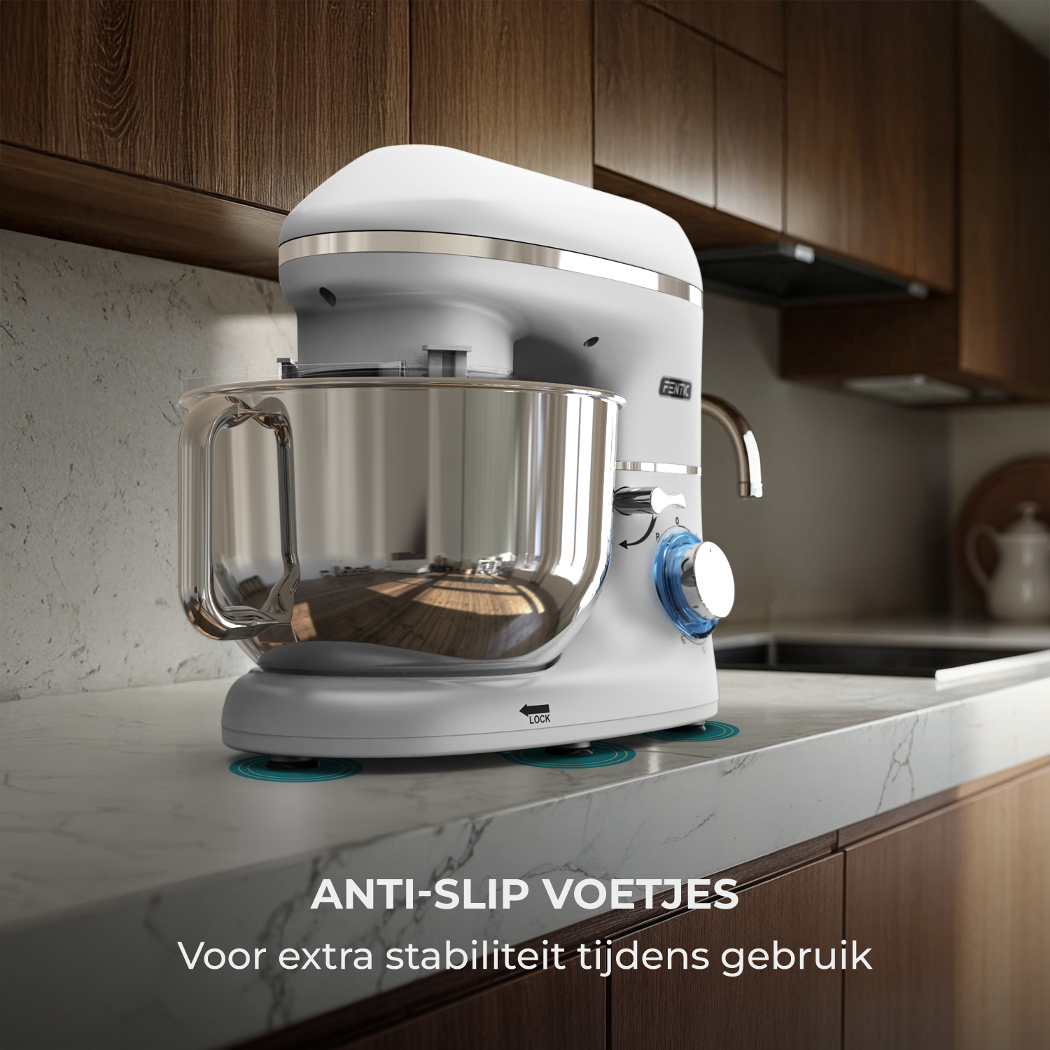 White stand mixer with stainless steel bowl on a marble countertop, anti-slip feet.