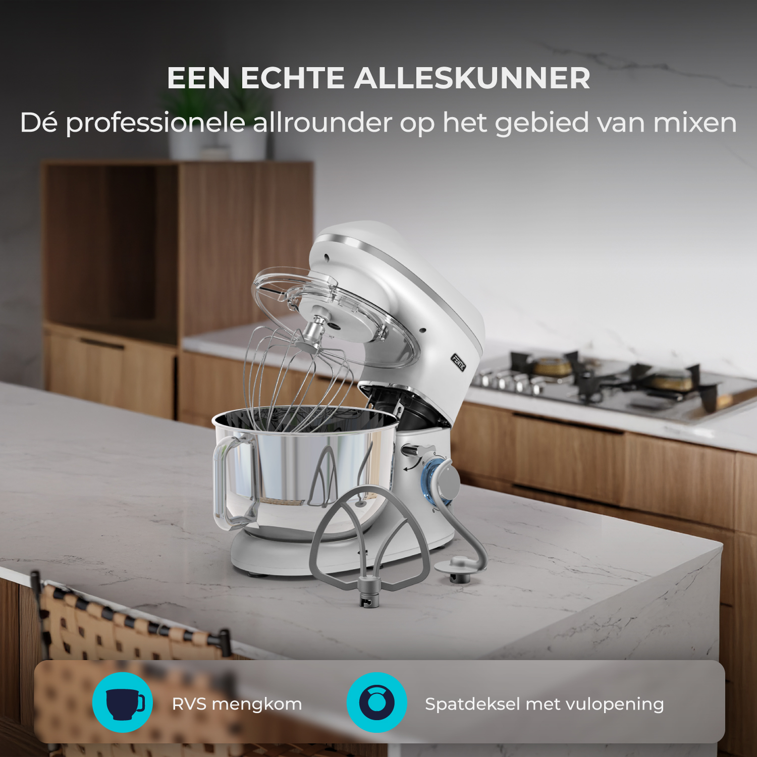 A white stand mixer with stainless steel bowl and attachments on a marble countertop.