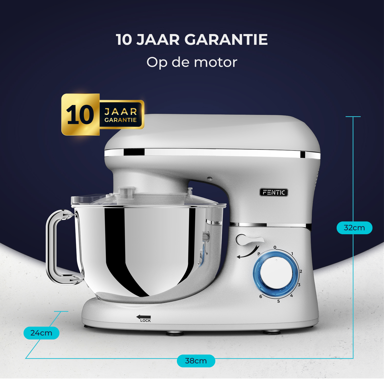 A white stand mixer with a metal bowl, measuring 38x24x32cm. Comes with 10-year warranty.