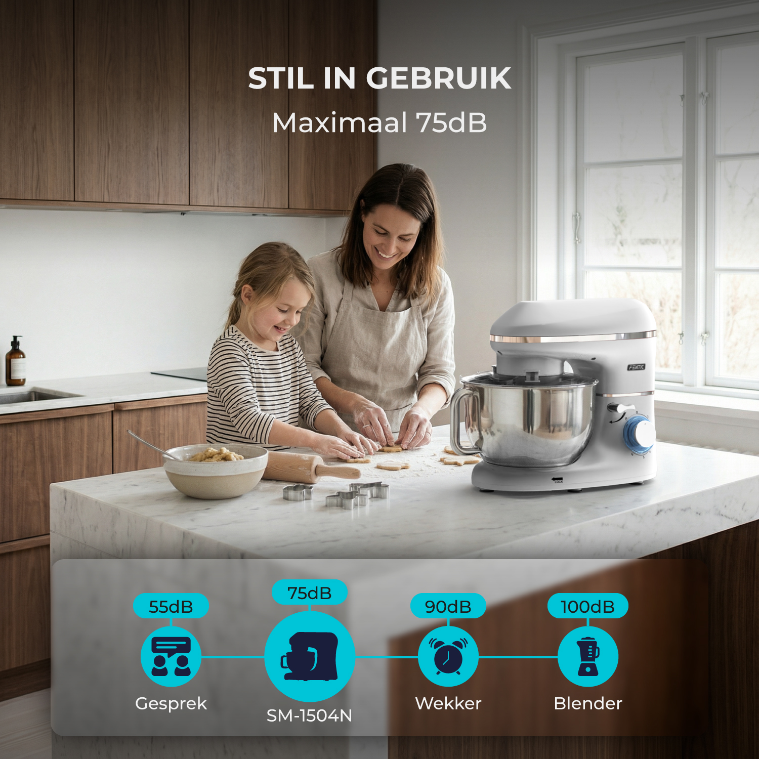 Mother and child bake cookies with a stand mixer. Quiet at 75dB.