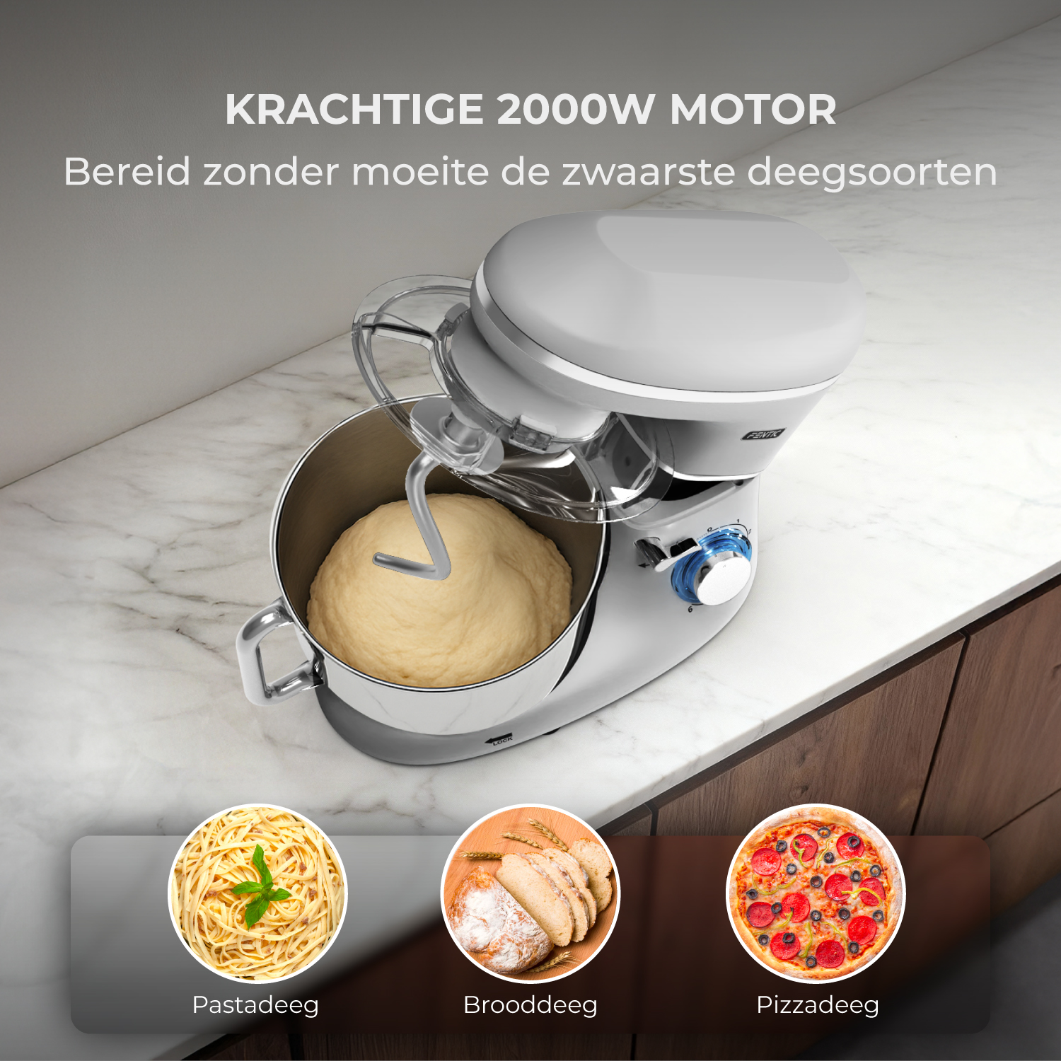 A white stand mixer with dough, pasta, bread, and pizza shown.
