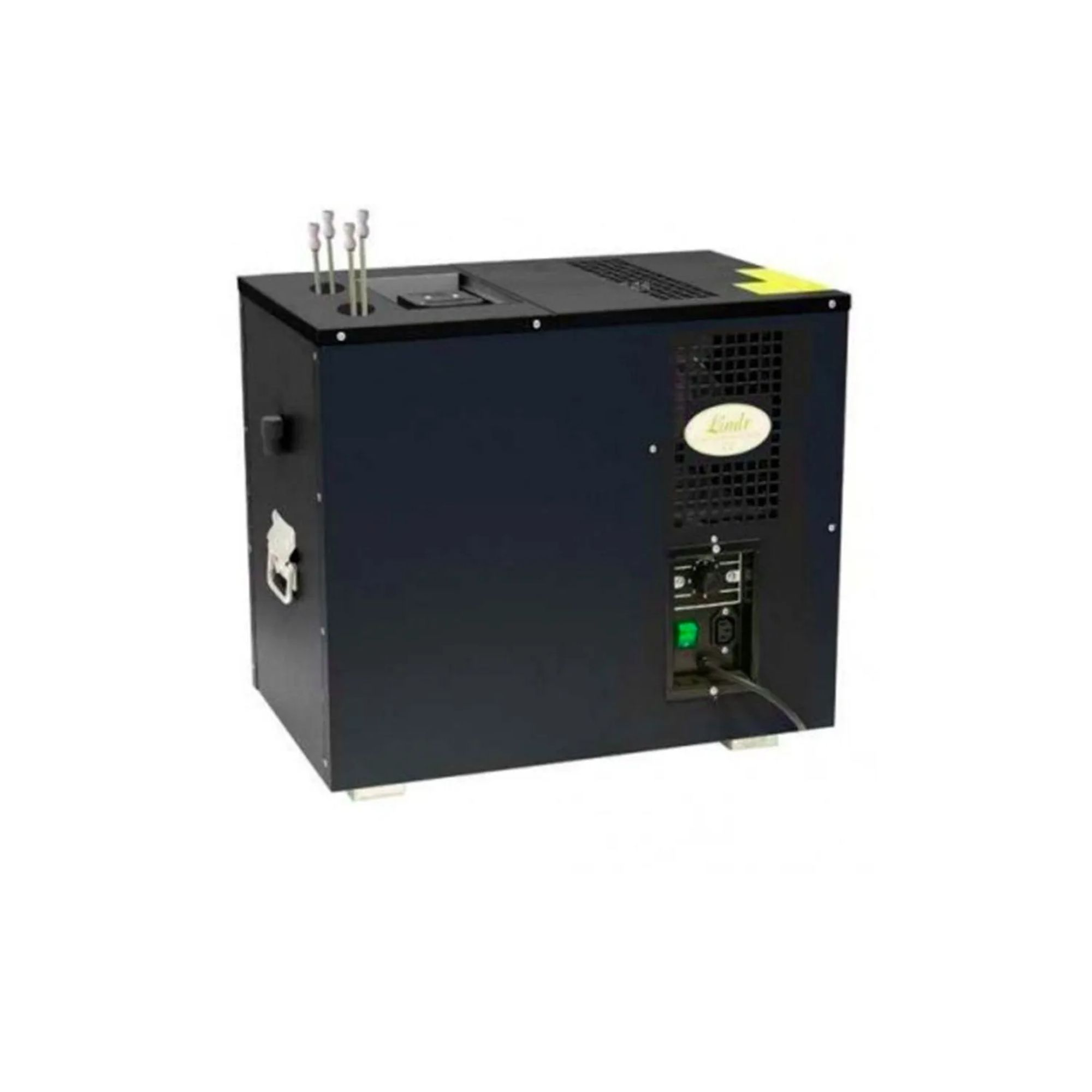 Black beverage dispenser with taps and vent grill.