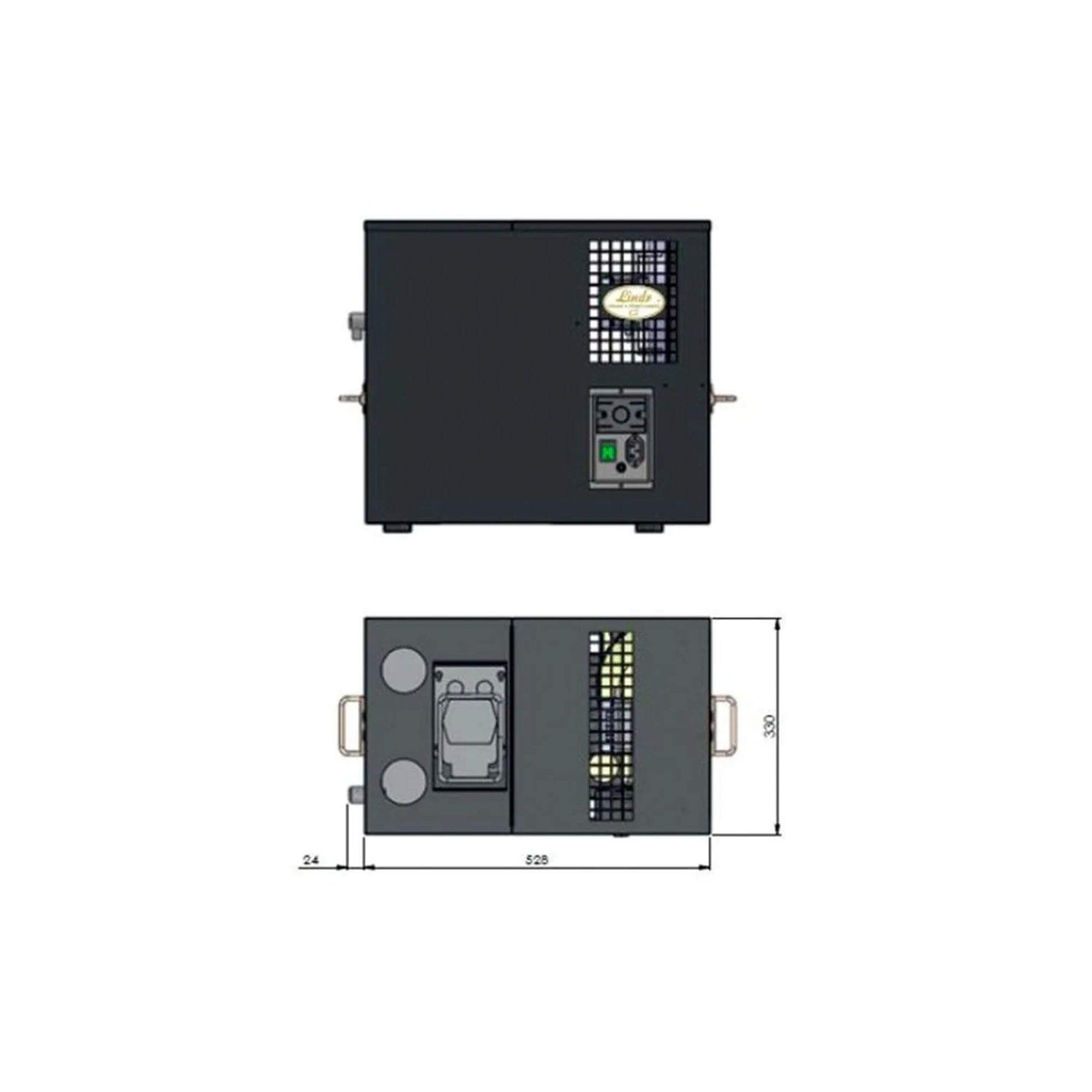Black box with handles, vents, and controls. Front and top views shown with dimensions.