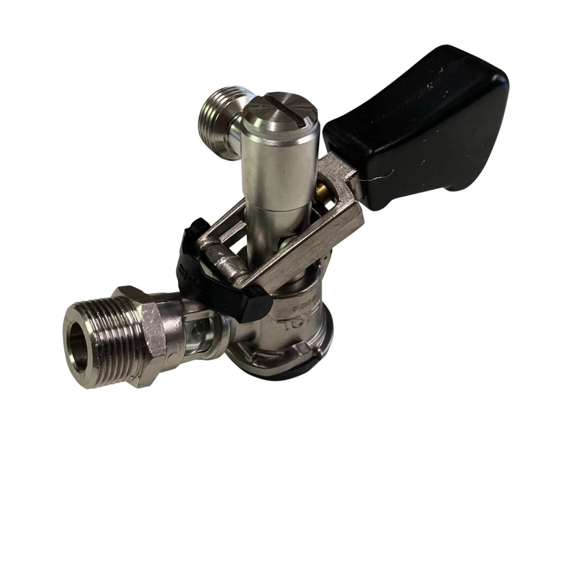 A silver beer tap with a black handle and threaded connectors.