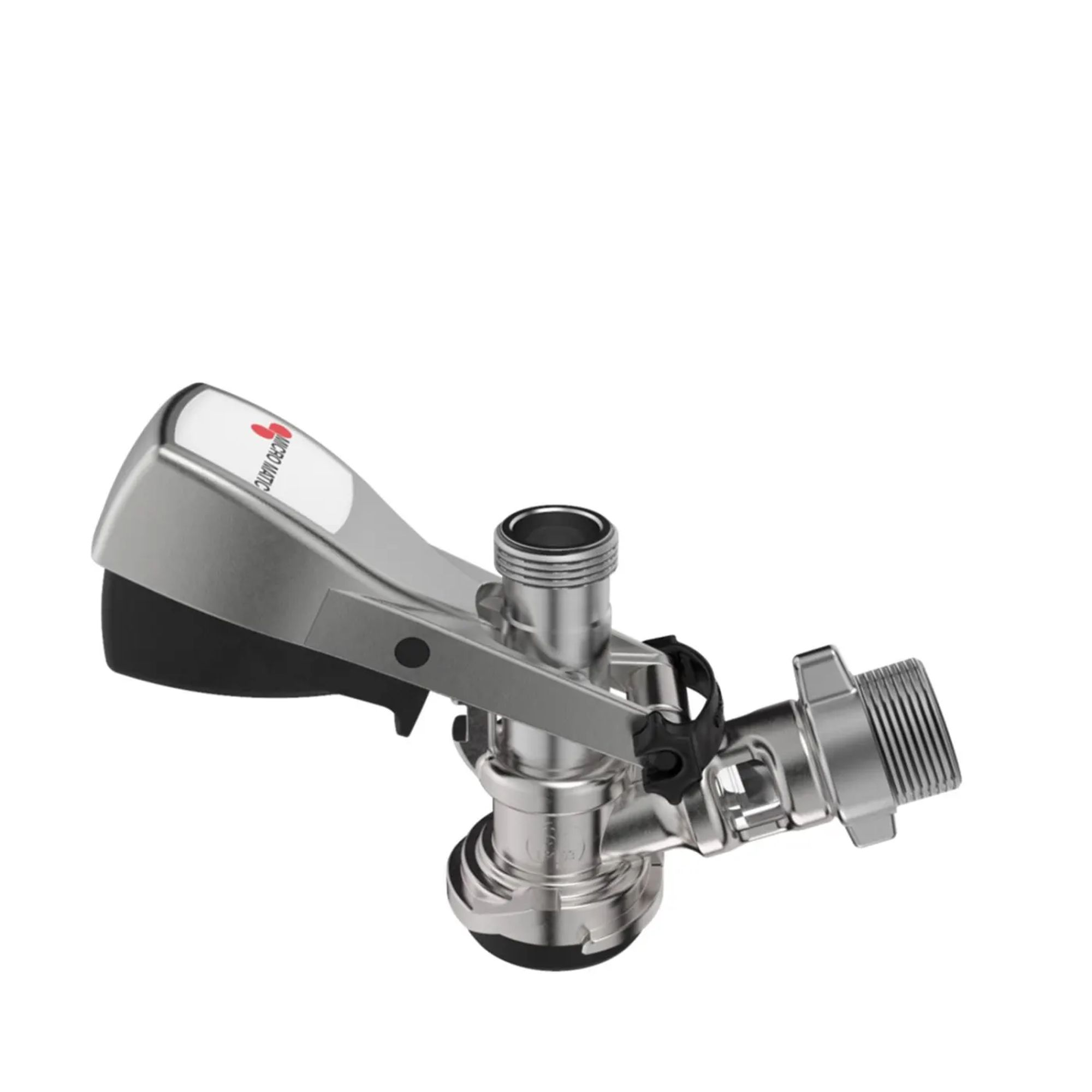 A silver beer keg coupler with a black handle and red logo, isolated on white.