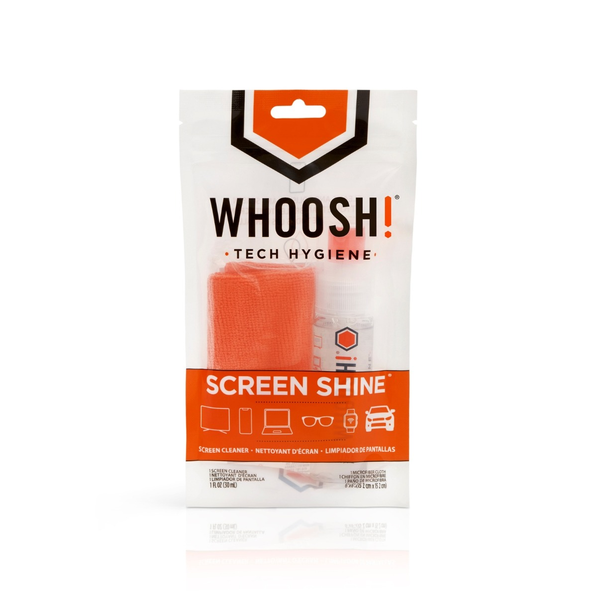 WHOOSH! Screen Shine Set mit orangefarbenem Mikrofasertuch und Reinigungsspray.
