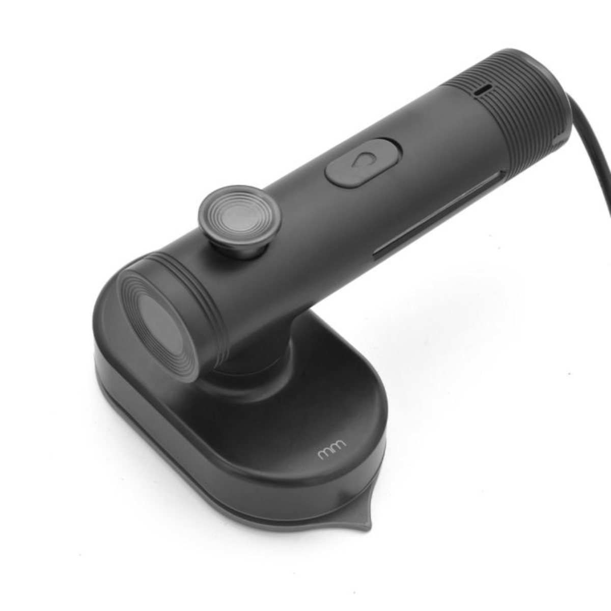Een zwart cilindrisch apparaat met een ronde knop en een voet.