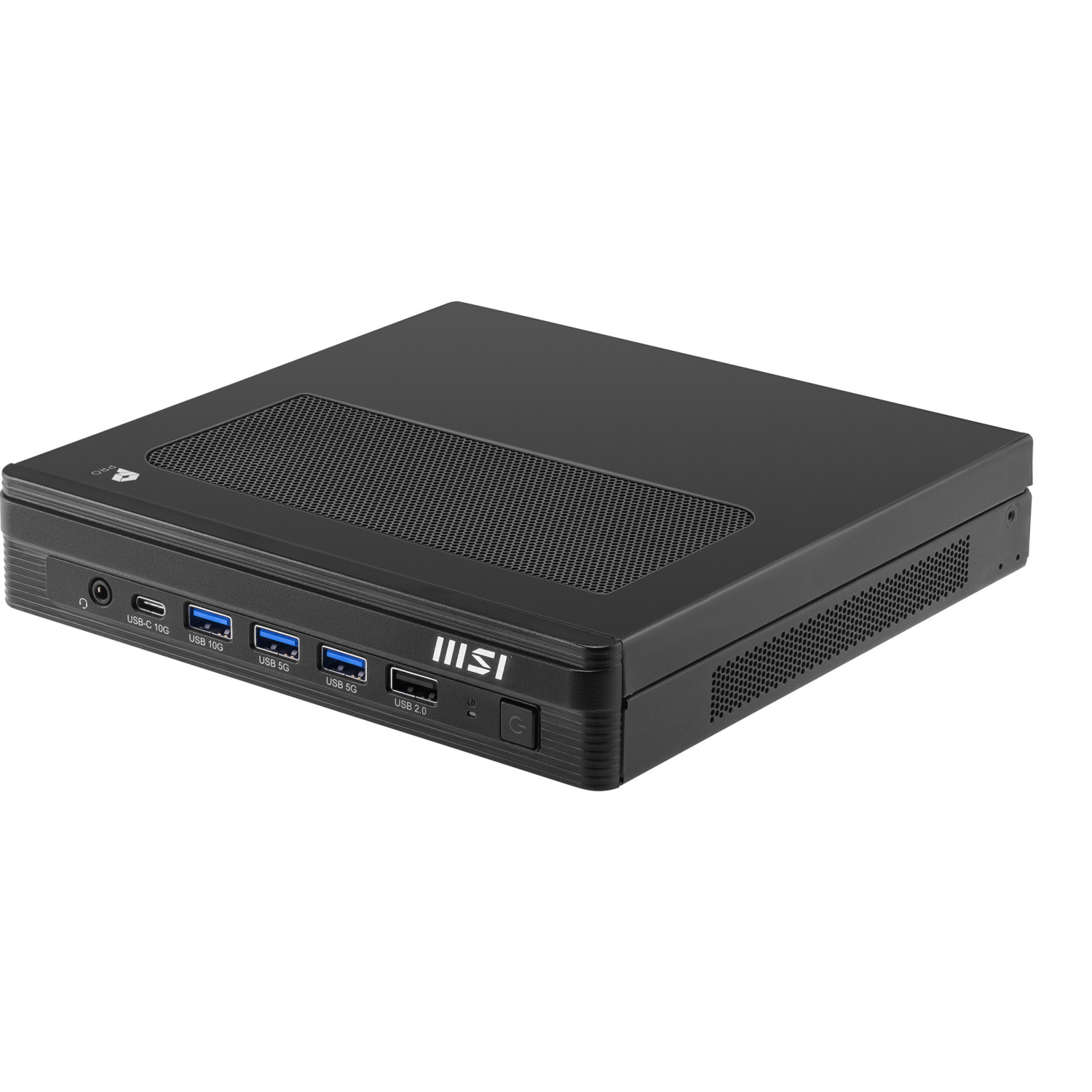 Mini PC nero con griglia di ventilazione e porte USB.
