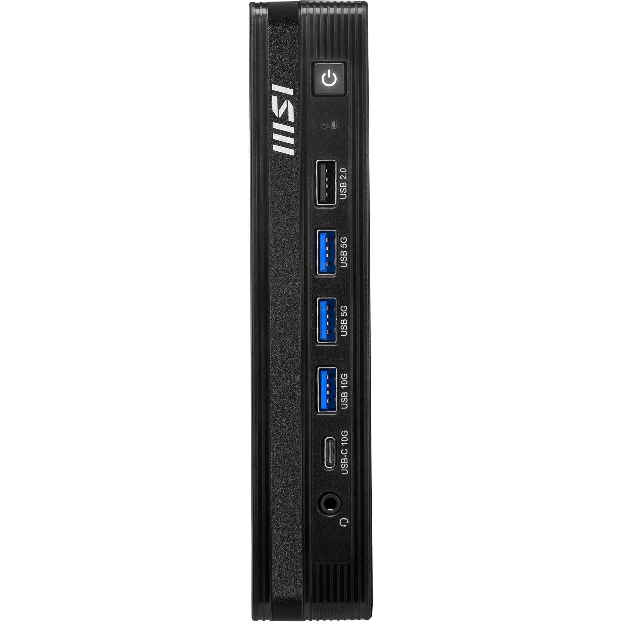 Scatola nera con porte: Pulsante di accensione, USB 2.0, 2x USB 5G, USB 10G, USB-C, jack per cuffie.