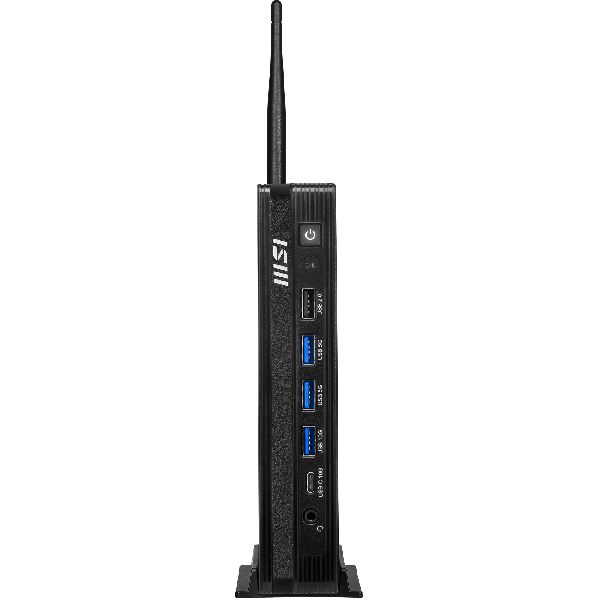 Mini PC nero con antenna, pulsante di accensione e porte USB.