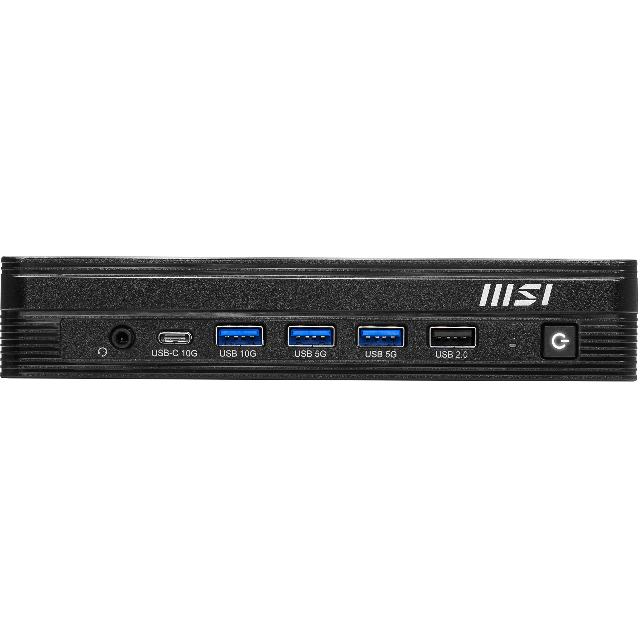 Pannello frontale mini PC MSI nero: jack cuffie, USB-C 10G, USB 10G, USB 5G, USB 5G, USB 2.0, pulsante di accensione.