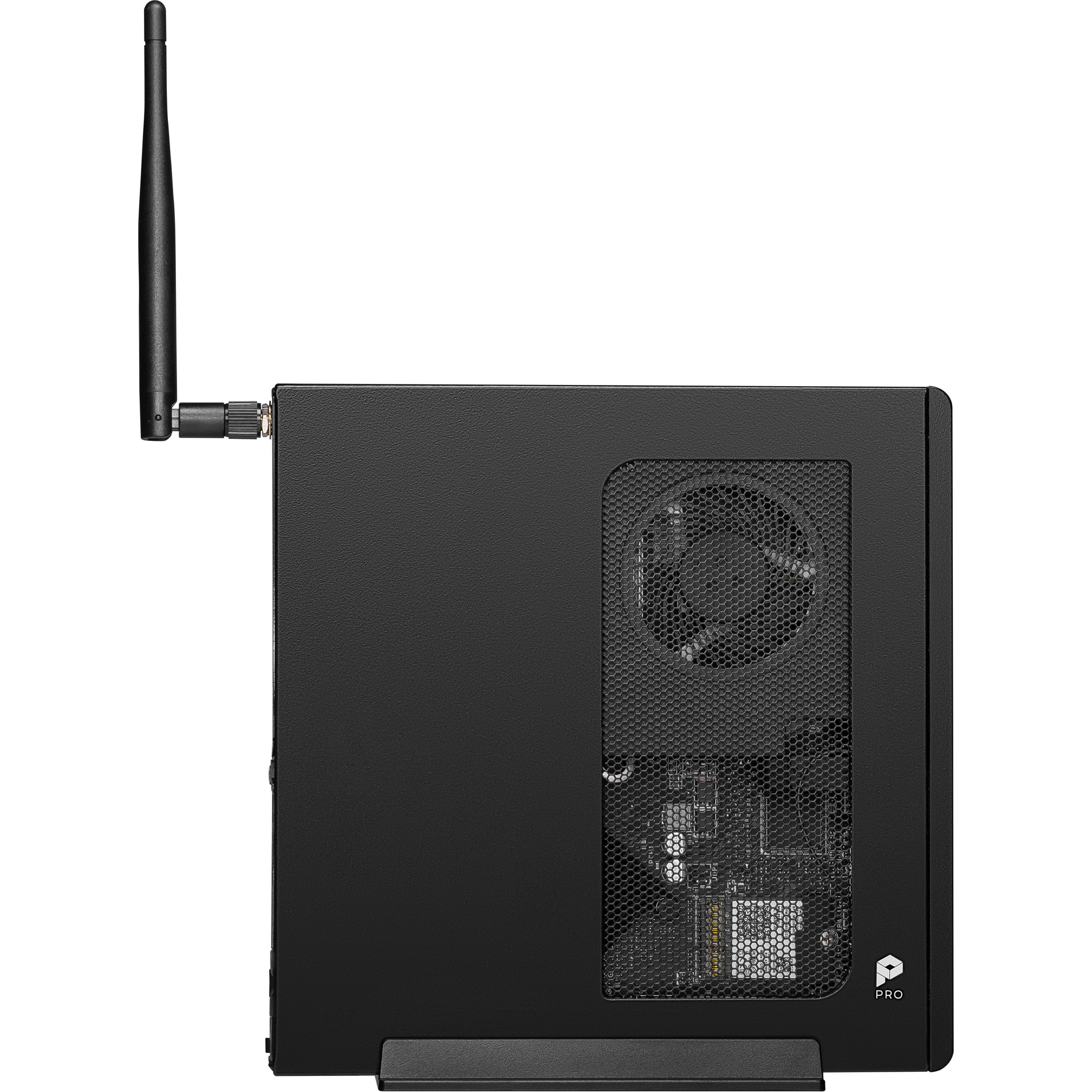 Computer nero con antenna, ventola e logo PRO.