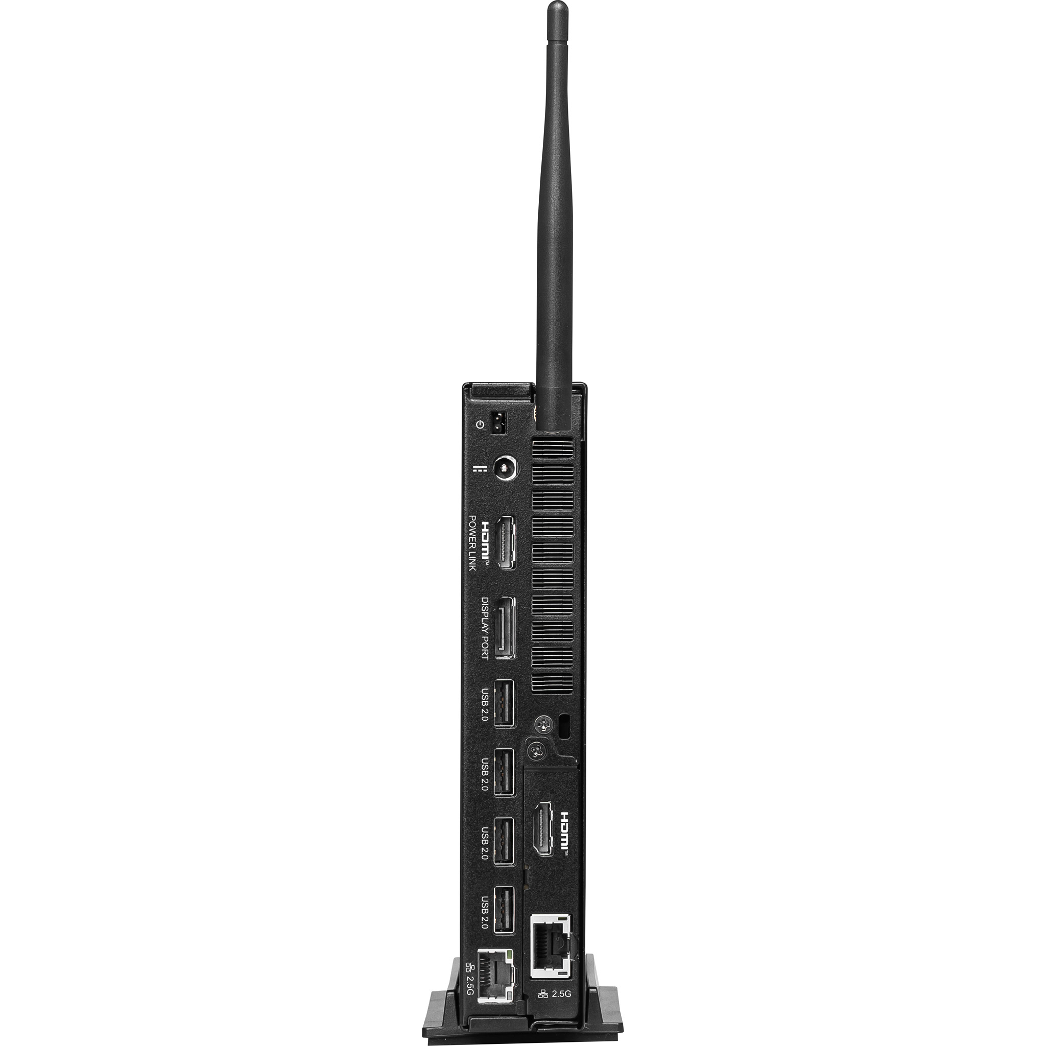 Case nero mini PC con porte: alimentazione, HDMI, DisplayPort, USB, Ethernet.