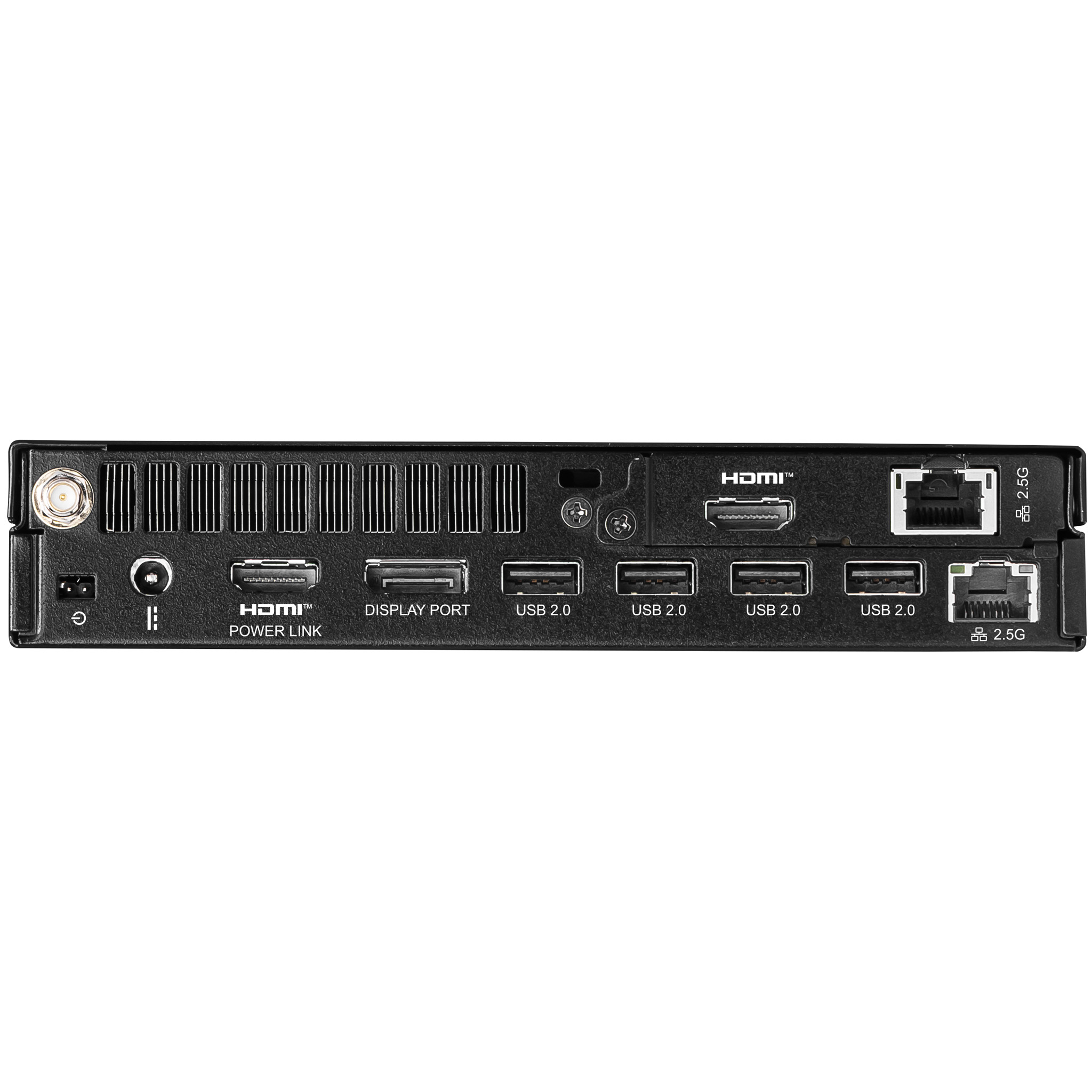 Retro del dispositivo con porte: alimentazione, HDMI, DisplayPort, USB 2.0 e Ethernet 2.5G.
