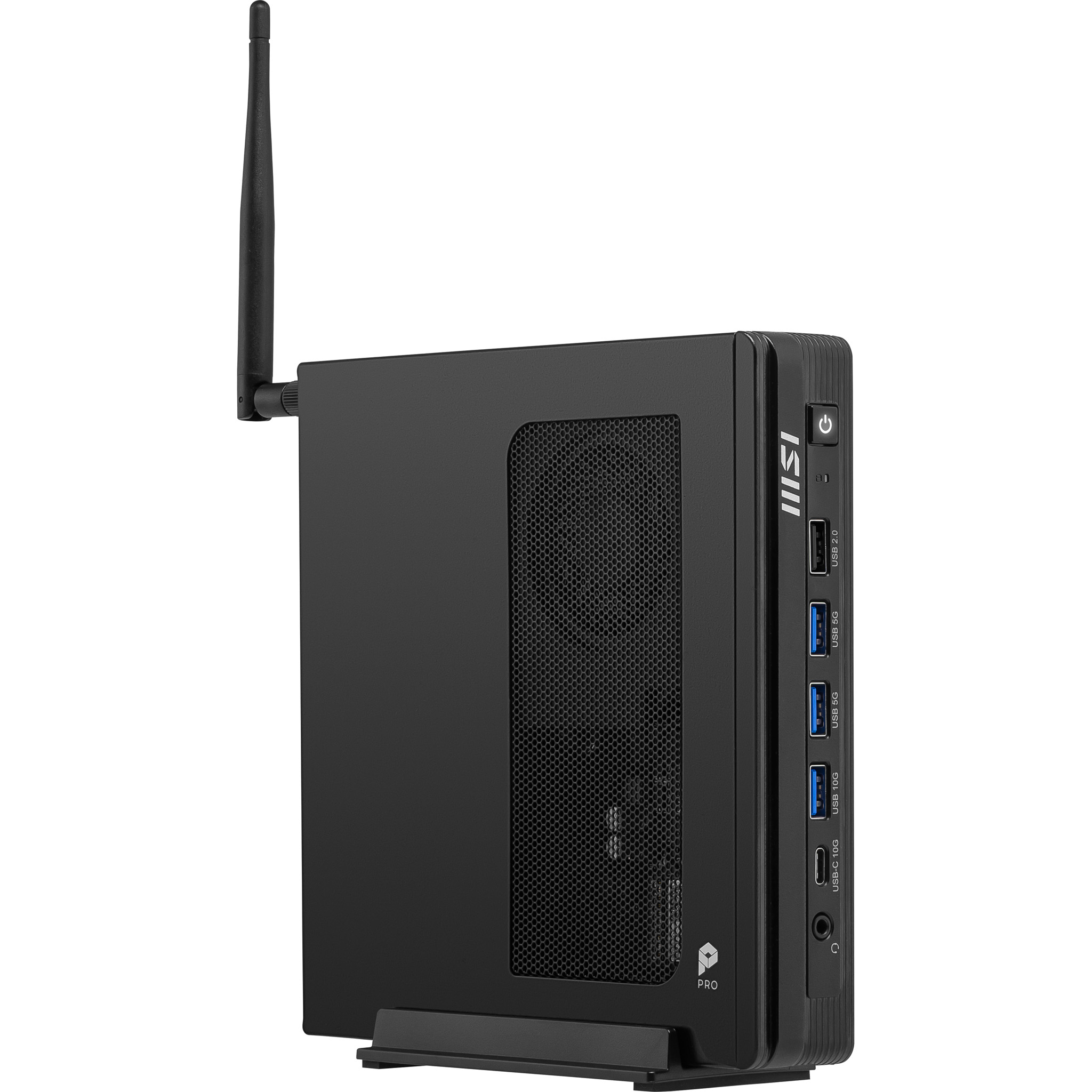 Un mini PC MSI Pro nero con antenna, porte USB e pulsante di accensione.